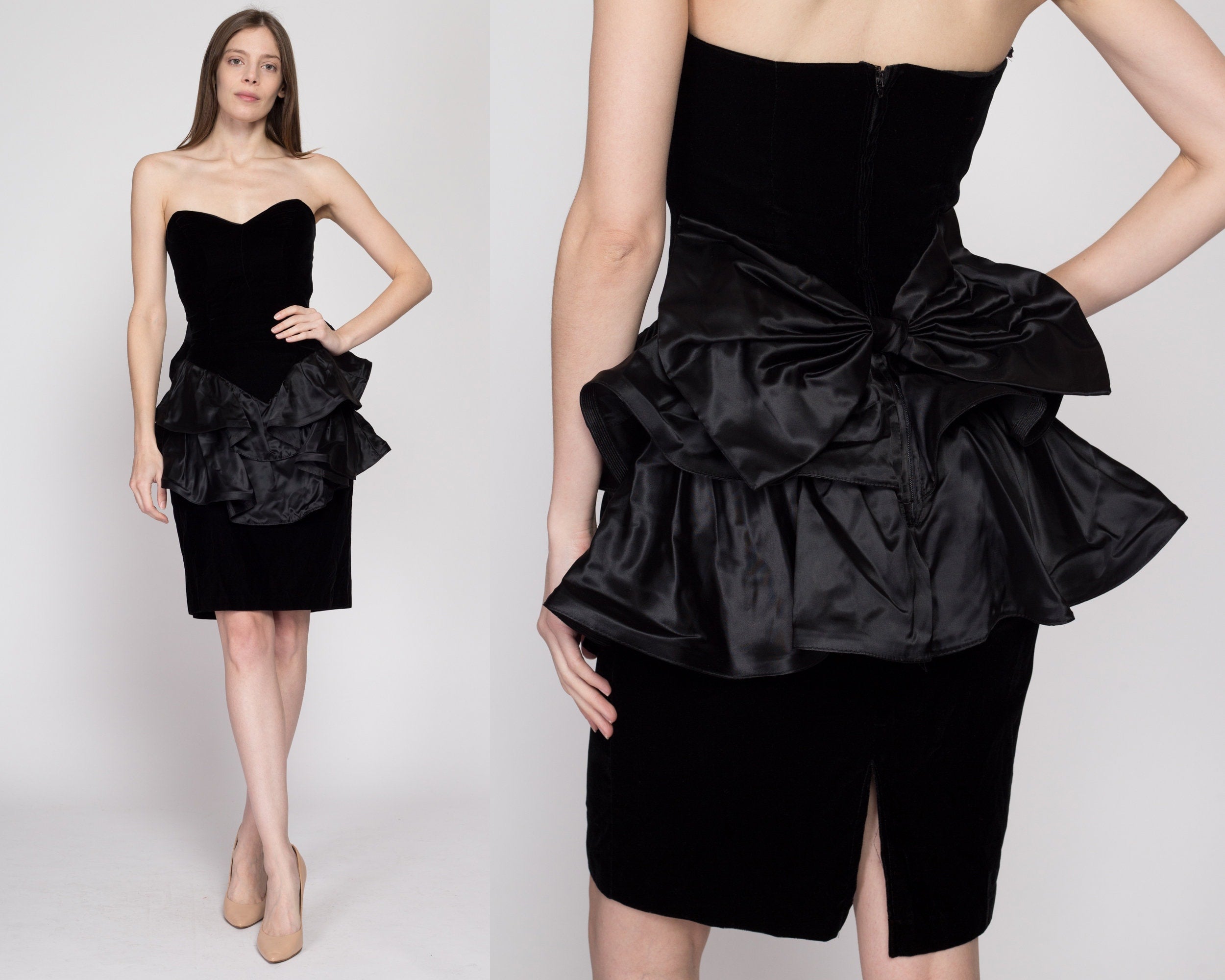 XS 80s Black Velvet Satin Peplum Party Dress Flying Apple Vintage