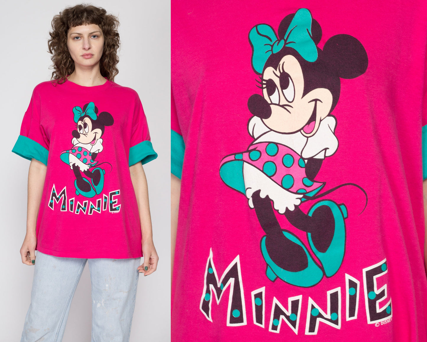 XL 90s Hot Pink Minnie Mouse Tee | Vintage Disney Cartoon Oversize Cuffed T Shirt