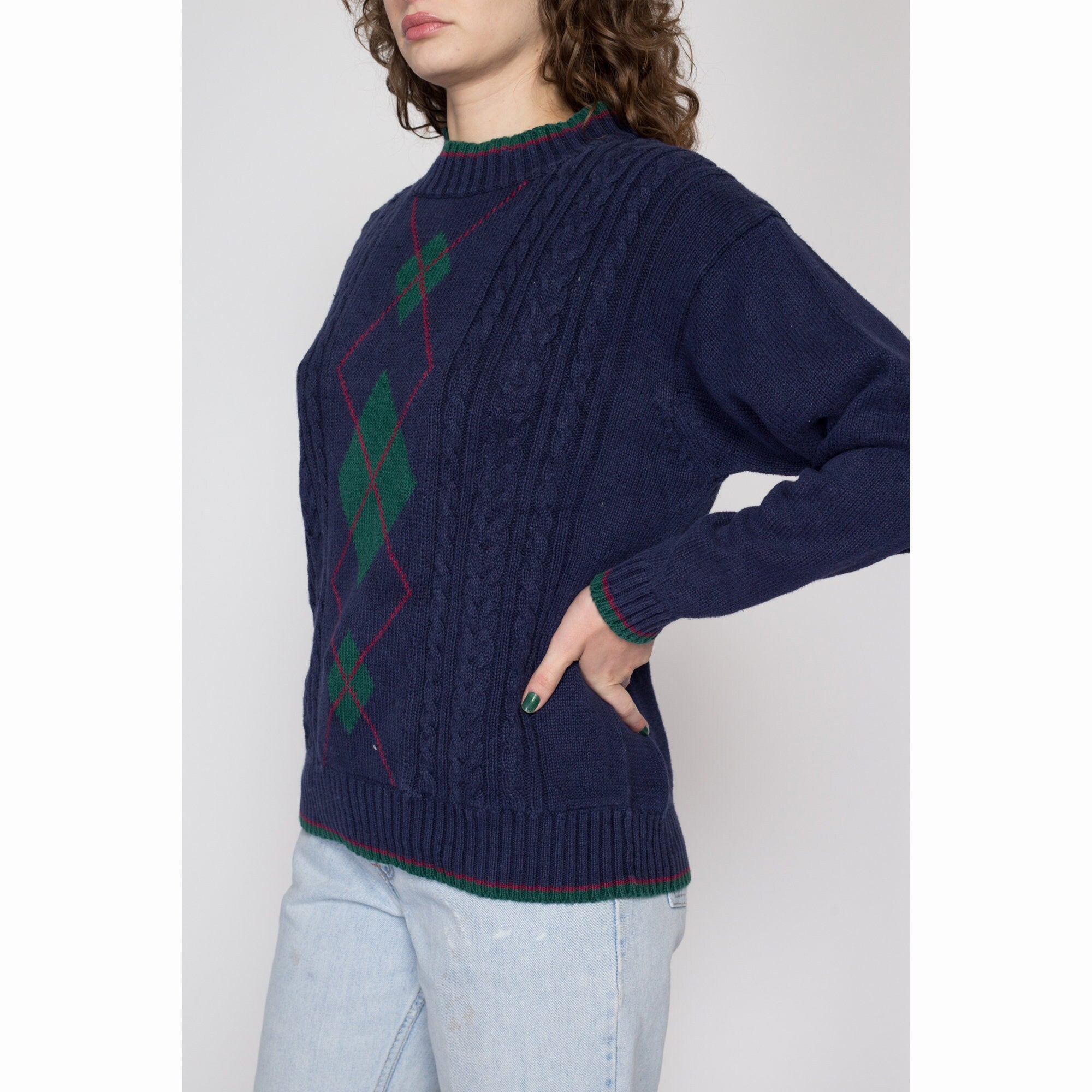 Medium 80s Jantzen Navy Blue Argyle Cable Knit Sweater – Flying Apple  Vintage