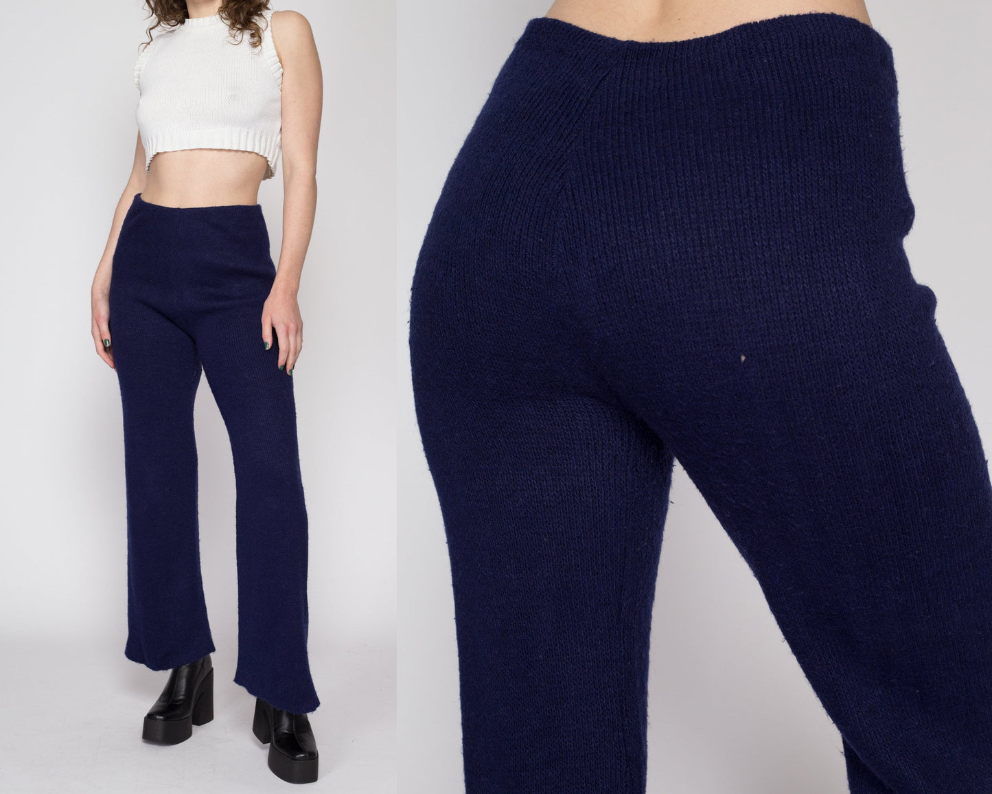 Med-Lrg 70s 80s Navy Blue Knit Lounge Pants | Vintage High Waisted Flared Pants