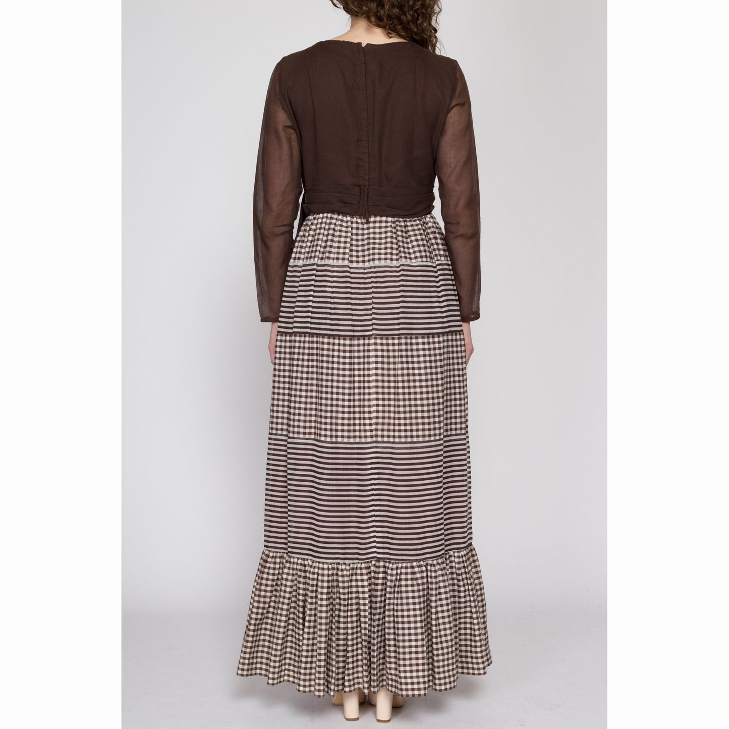 Medium 60s 70s Brown Gingham & Striped Hostess Dress | Retro Vintage Long Sleeve V Neck Maxi Dress