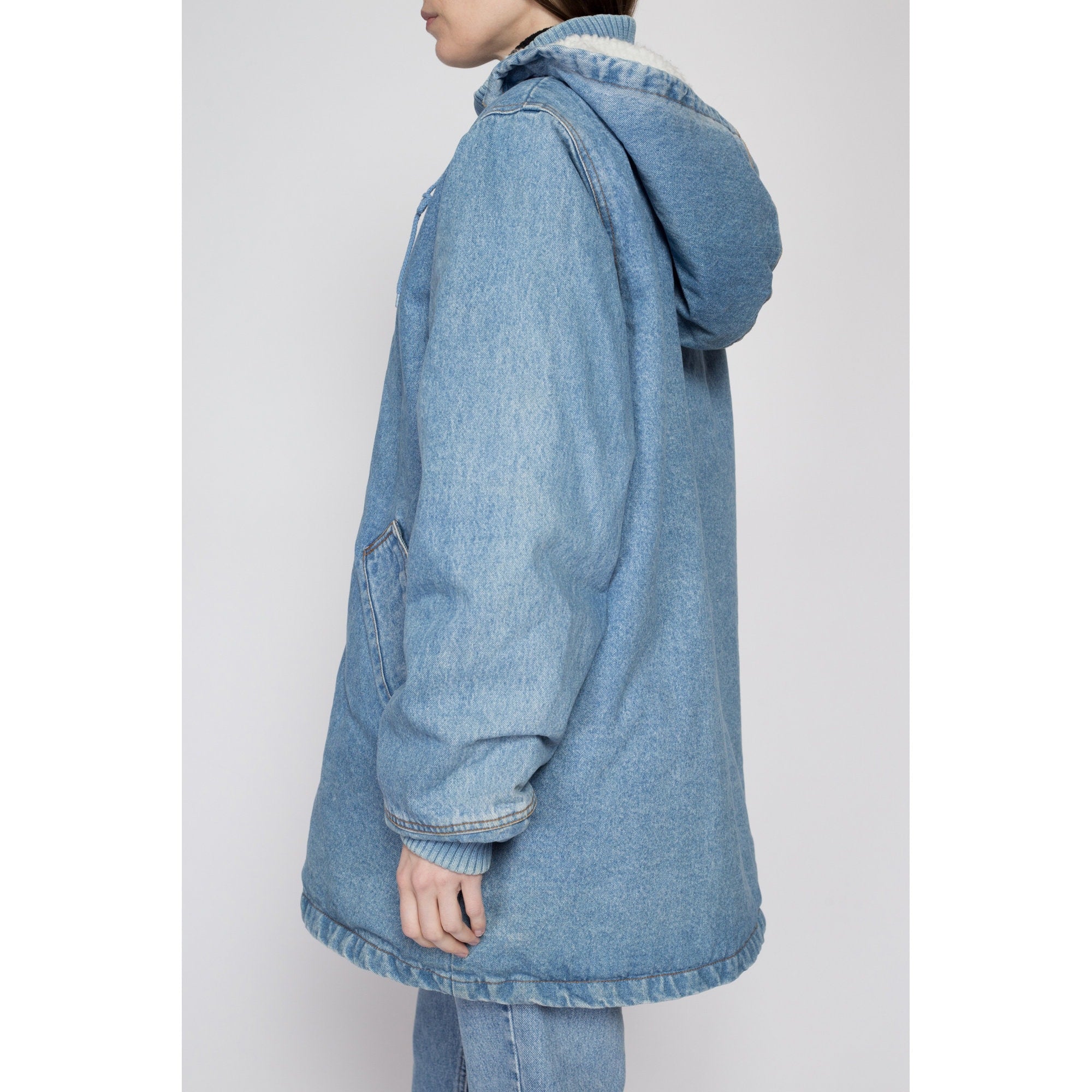 Large 90s Denim Sherpa Hooded Chore Jacket