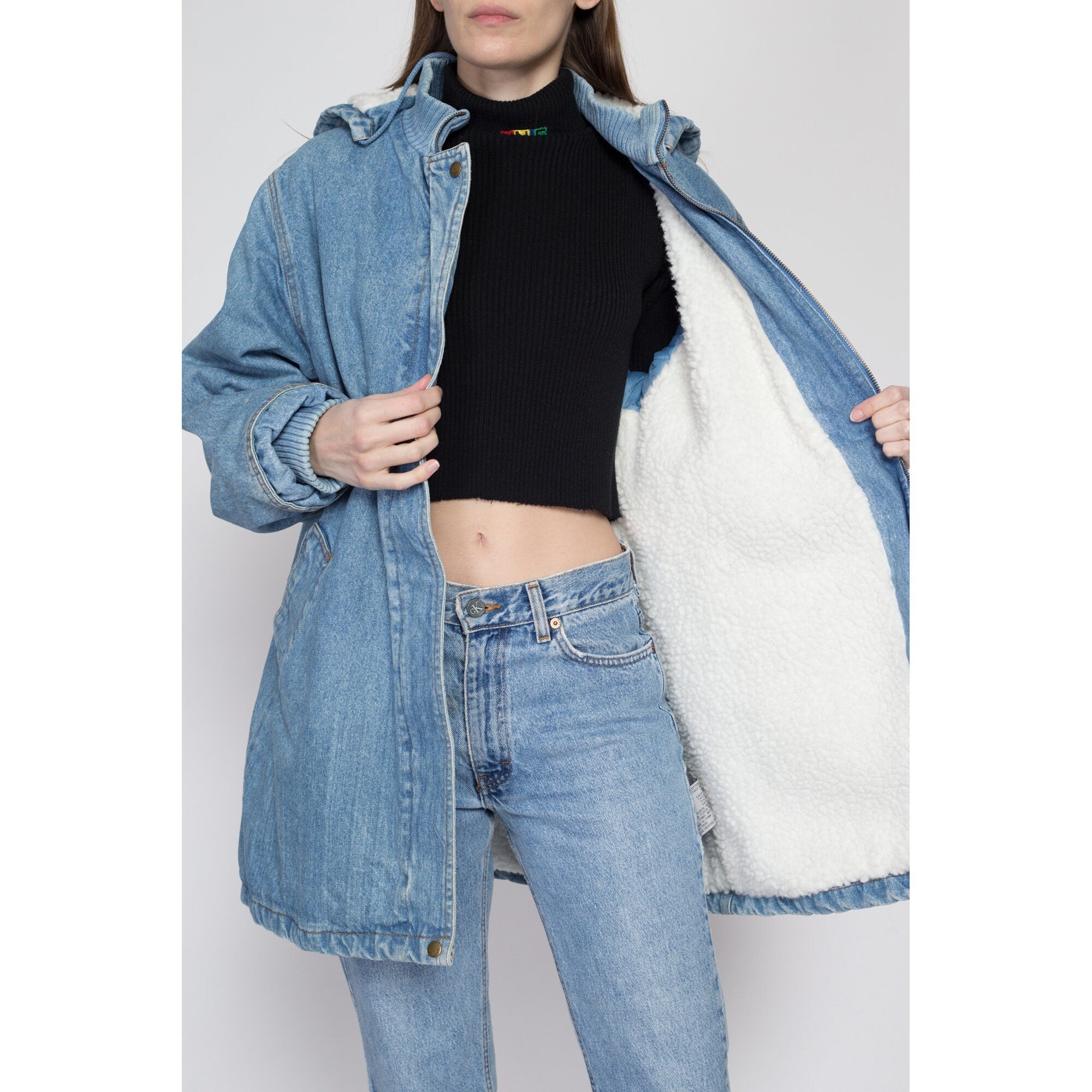 Large 90s Denim Sherpa Hooded Chore Jacket