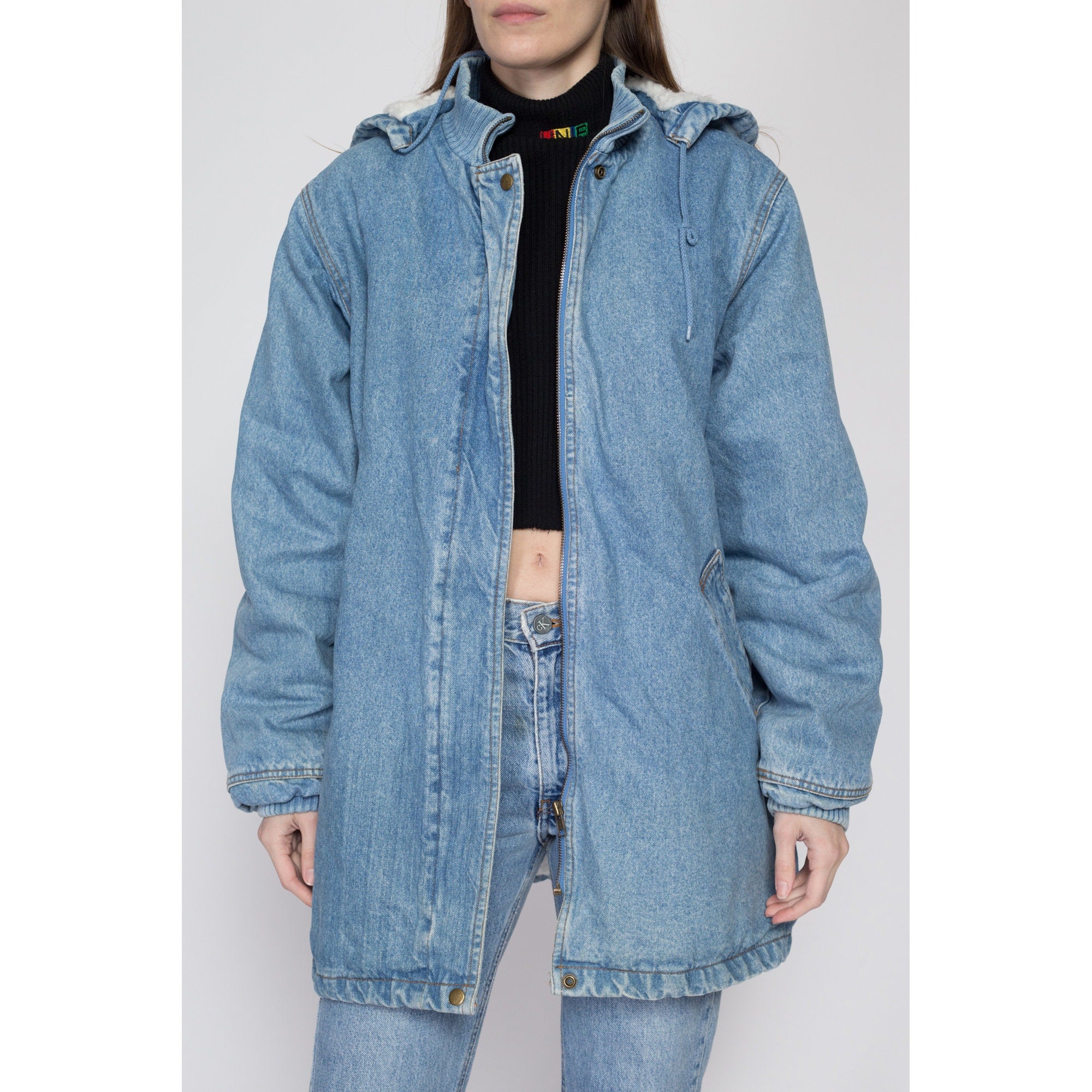 Large 90s Denim Sherpa Hooded Chore Jacket Flying Apple Vintage