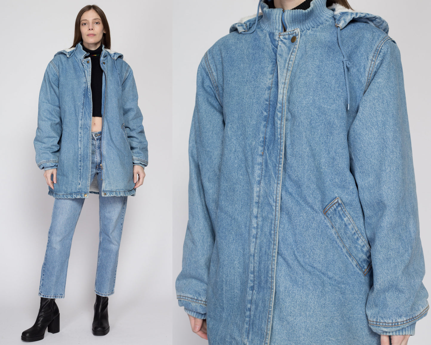 Large 90s Denim Sherpa Hooded Chore Jacket | Vintage Oversized Grunge Streetwear Shearling Lined Jean Coat