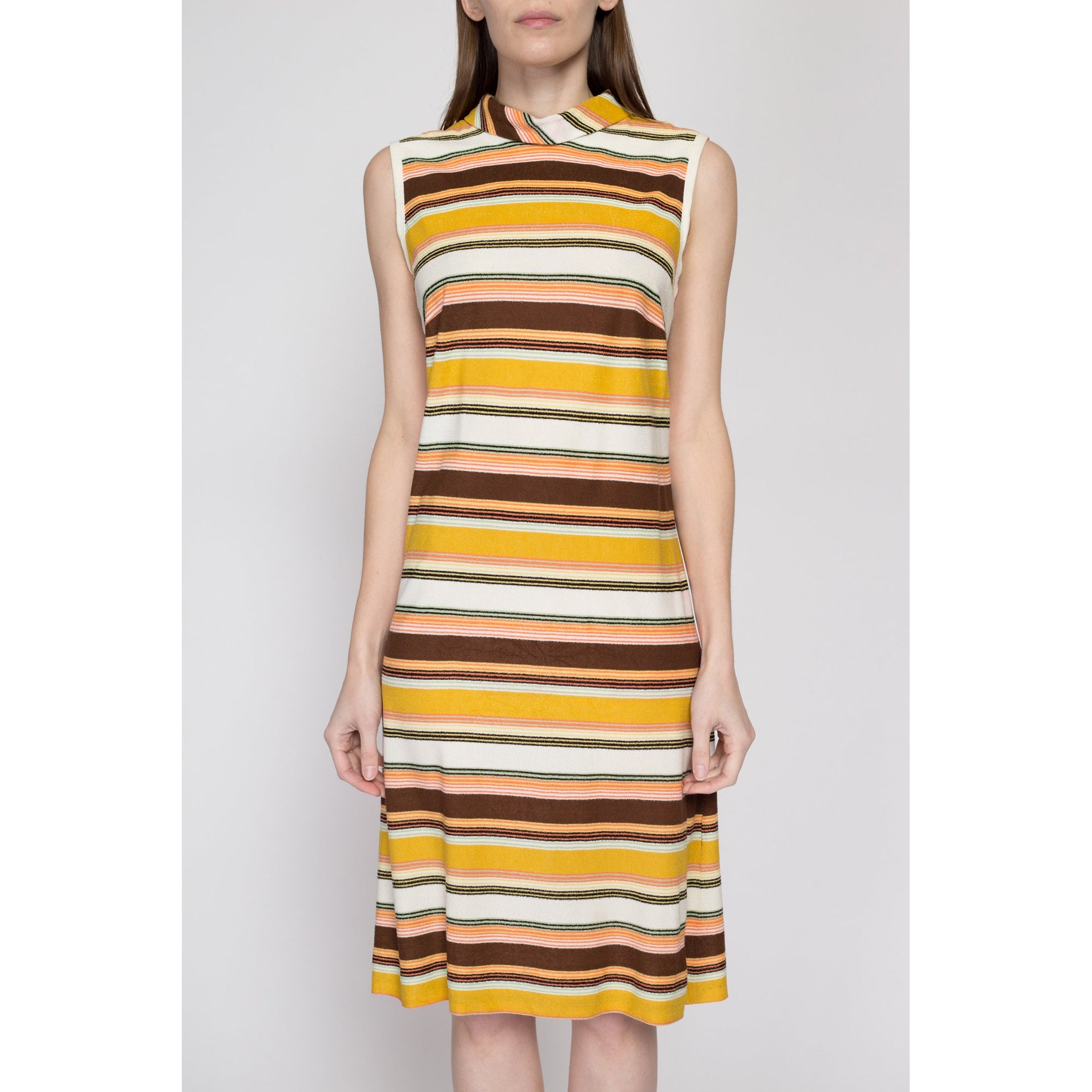 Medium 60s Striped Terrycloth Shift Dress | Vintage Sleeveless Yellow Brown White Mockneck Midi Dress