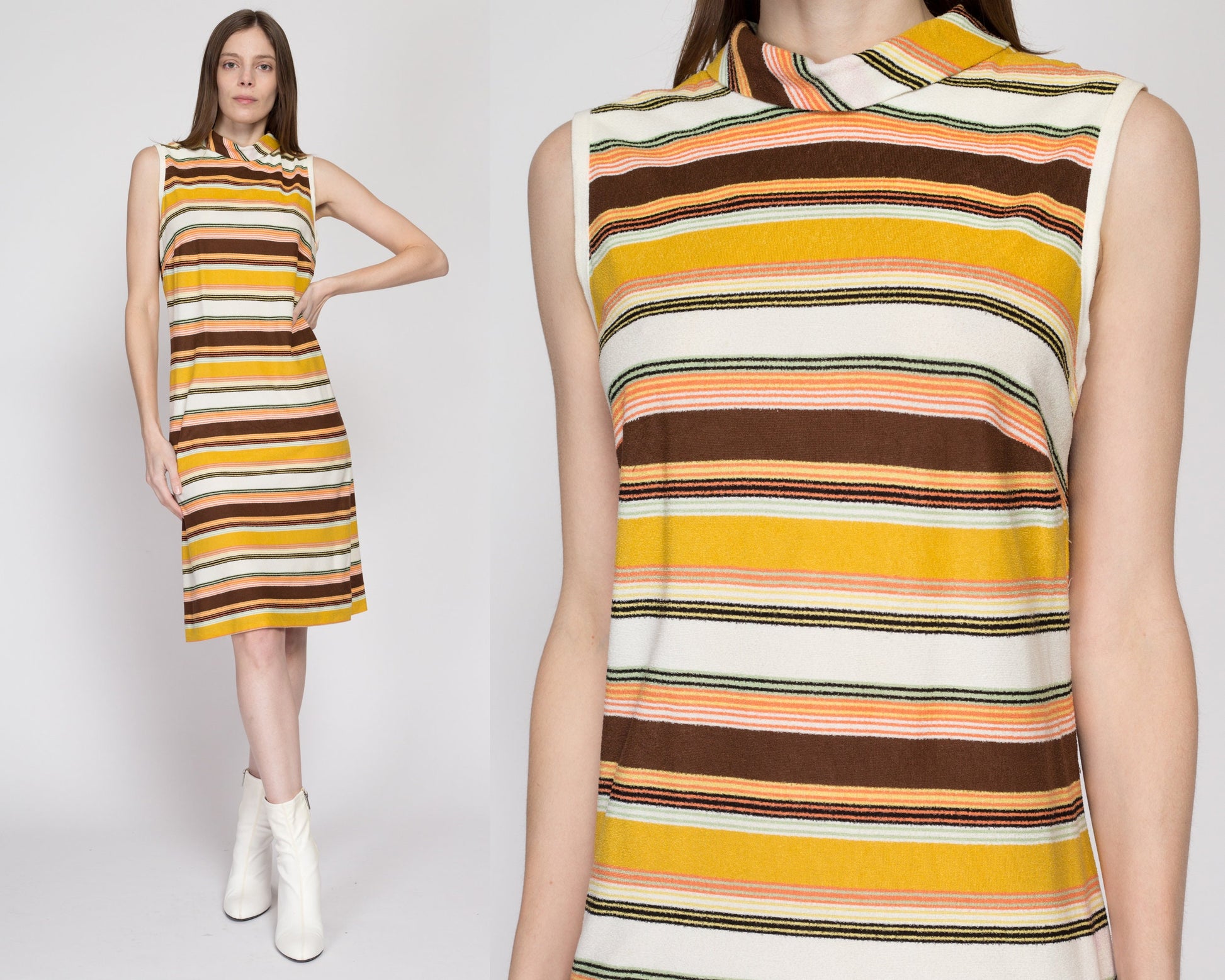 Medium 60s Striped Terrycloth Shift Dress | Vintage Sleeveless Yellow Brown White Mockneck Midi Dress