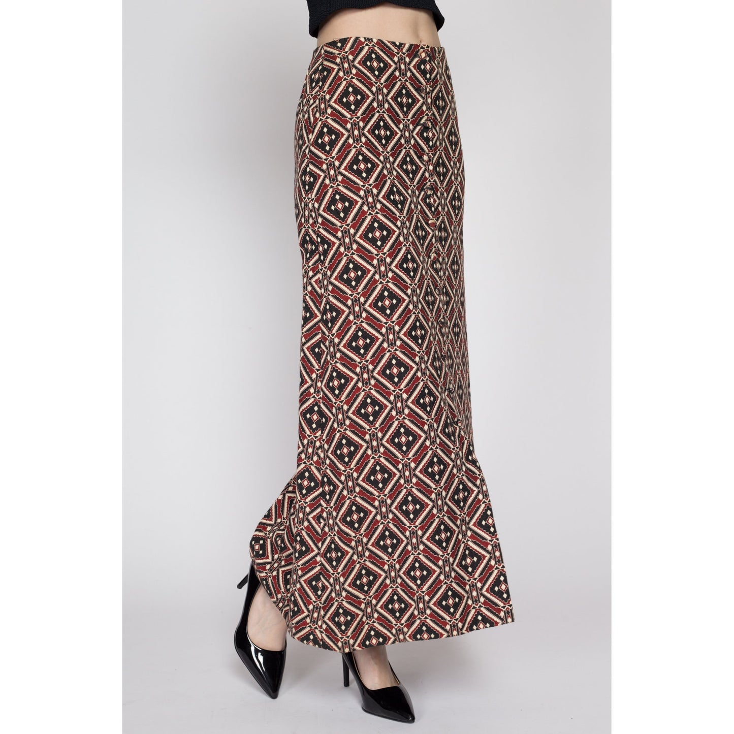 Small 60s Boho Geometric Quilted Maxi Skirt 25.5" | Vintage 1960s Patchwork Red Black High Waisted A Line Hostess Skirt