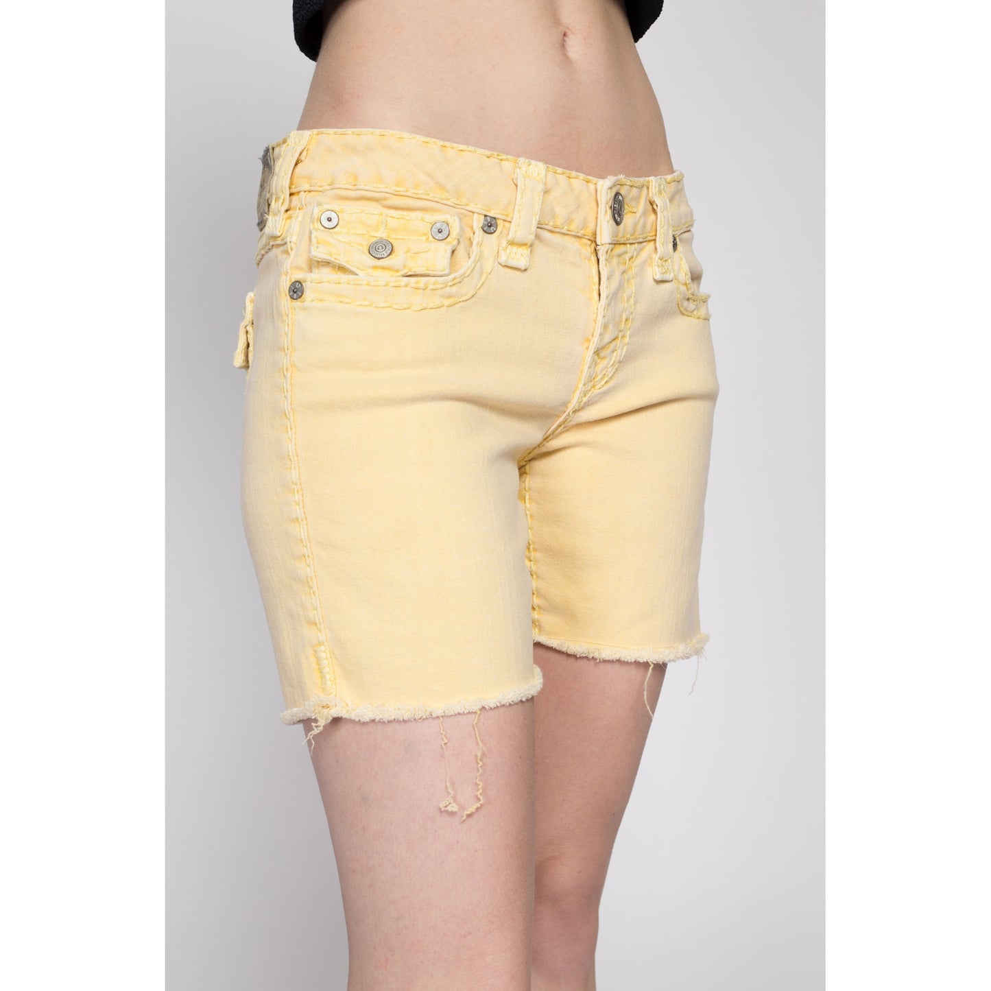 Medium Y2K True Religion Yellow Low Rise Cut Offs | Vintage Lily Denim Cutoff Bermuda Shorts