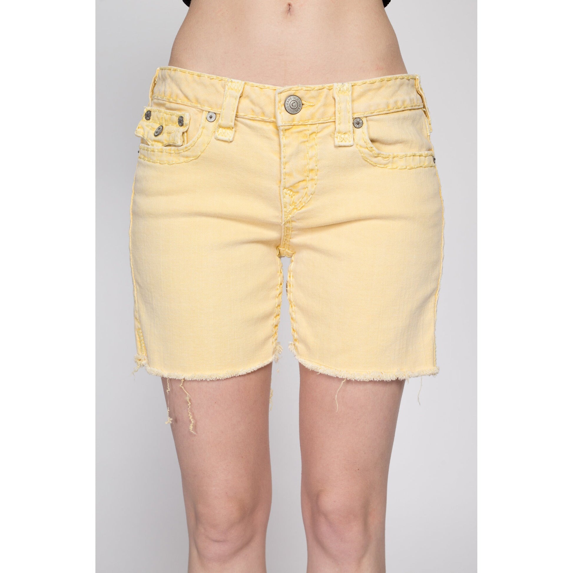 Medium Y2K True Religion Yellow Low Rise Cut Offs | Vintage Lily Denim Cutoff Bermuda Shorts