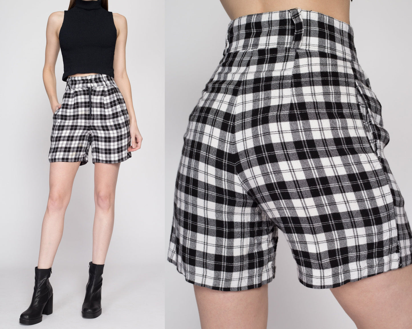 XS 90s Black & White Plaid Flannel Shorts 24" | Vintage High Waisted Grunge Shorts