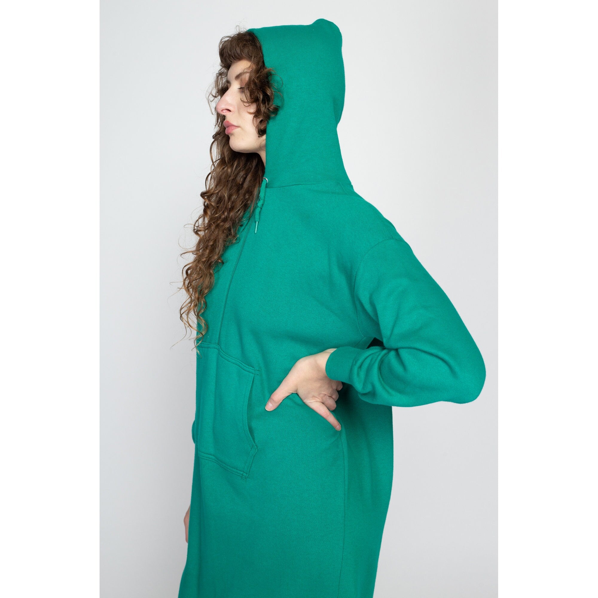 Medium 80s Teal Hooded Sweatshirt Dress Flying Apple Vintage