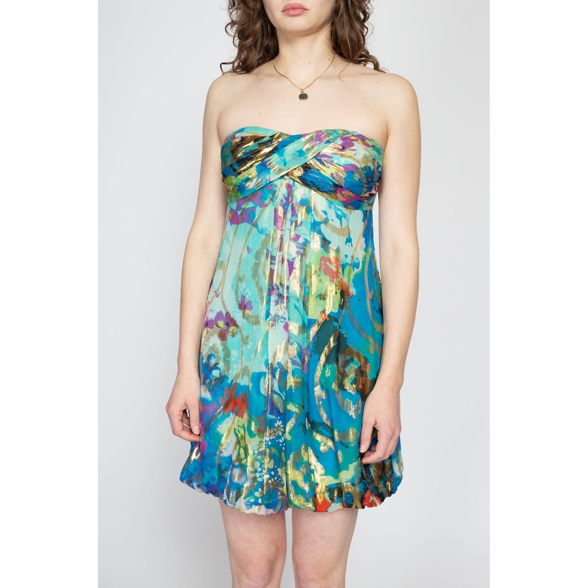 Sm-Med Y2K Blue Floral Strapless Bubble Hem Party Dress | Vintage Xscape Joanna Metallic Formal Cocktail Mini Dress