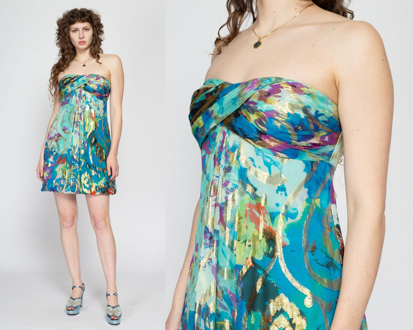 Sm-Med Y2K Blue Floral Strapless Bubble Hem Party Dress | Vintage Xscape Joanna Metallic Formal Cocktail Mini Dress