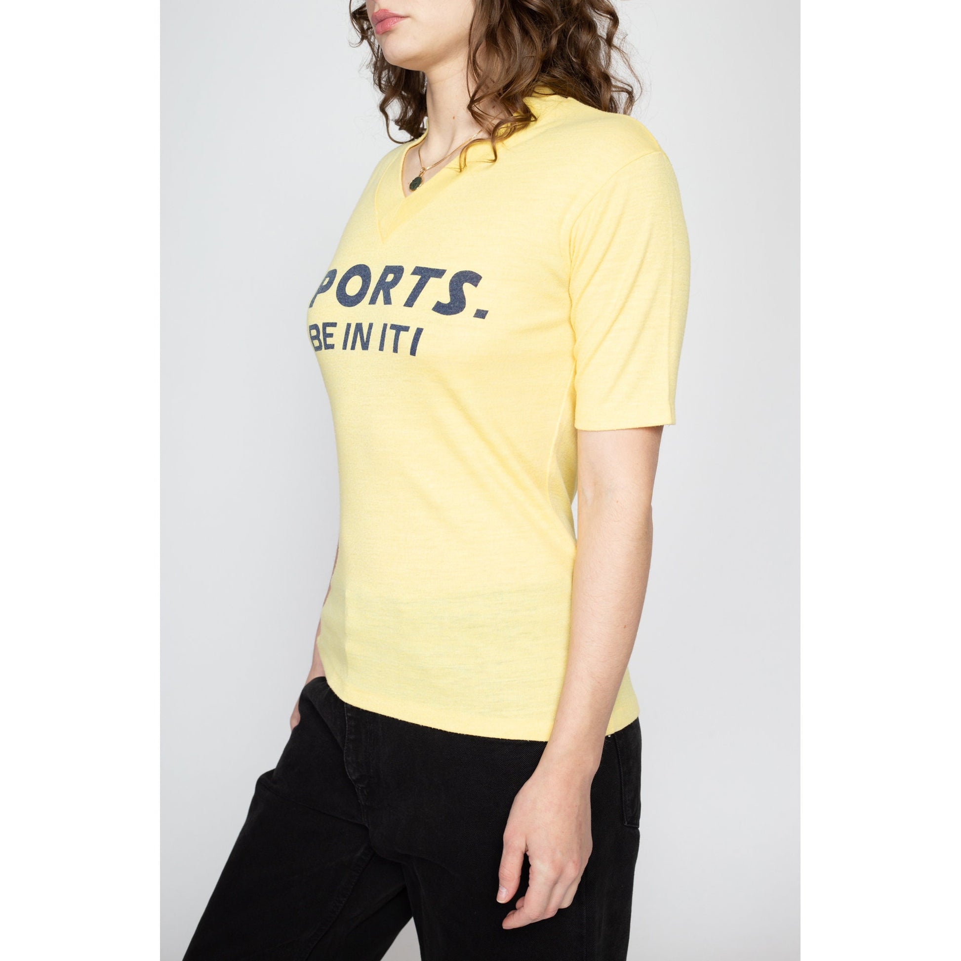 Medium 80s "Sports - Be In ITI" T Shirt | Vintage V Neck Yellow Graphic Tee