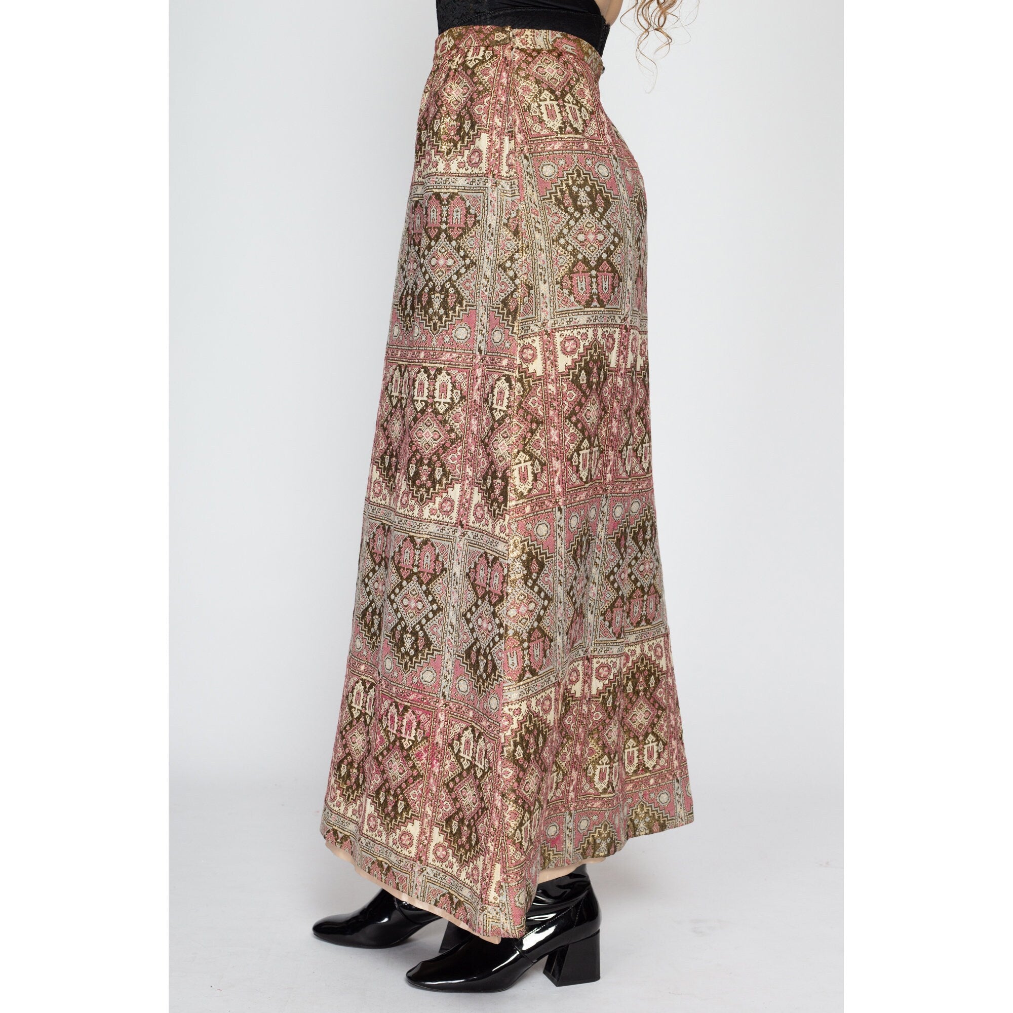 Medium 70s Nelly De Grab Metallic Brocade Tapestry Maxi Skirt 29