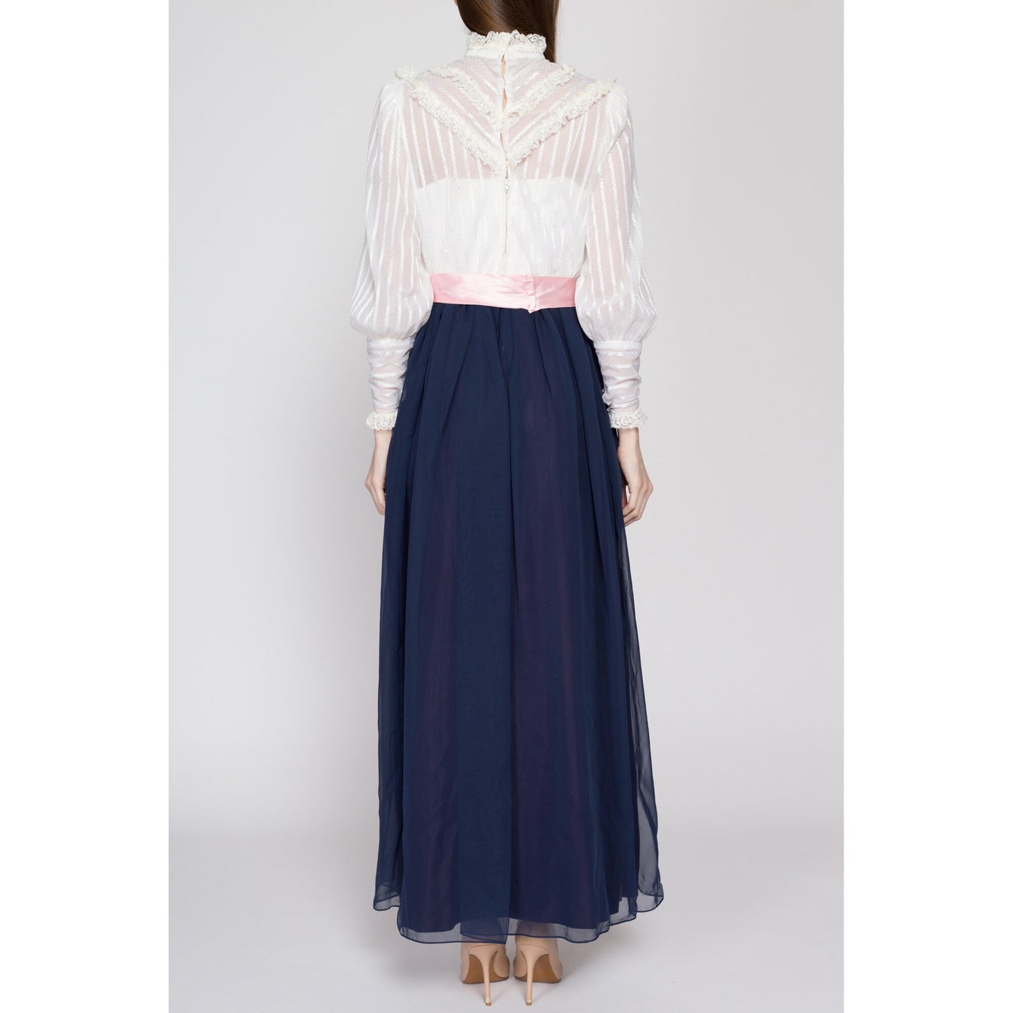 XS 60s 70s Victorian White & Navy Blue Hostess Dress | Retro Vintage Long Sleeve Sheer Lace Formal Maxi Dress