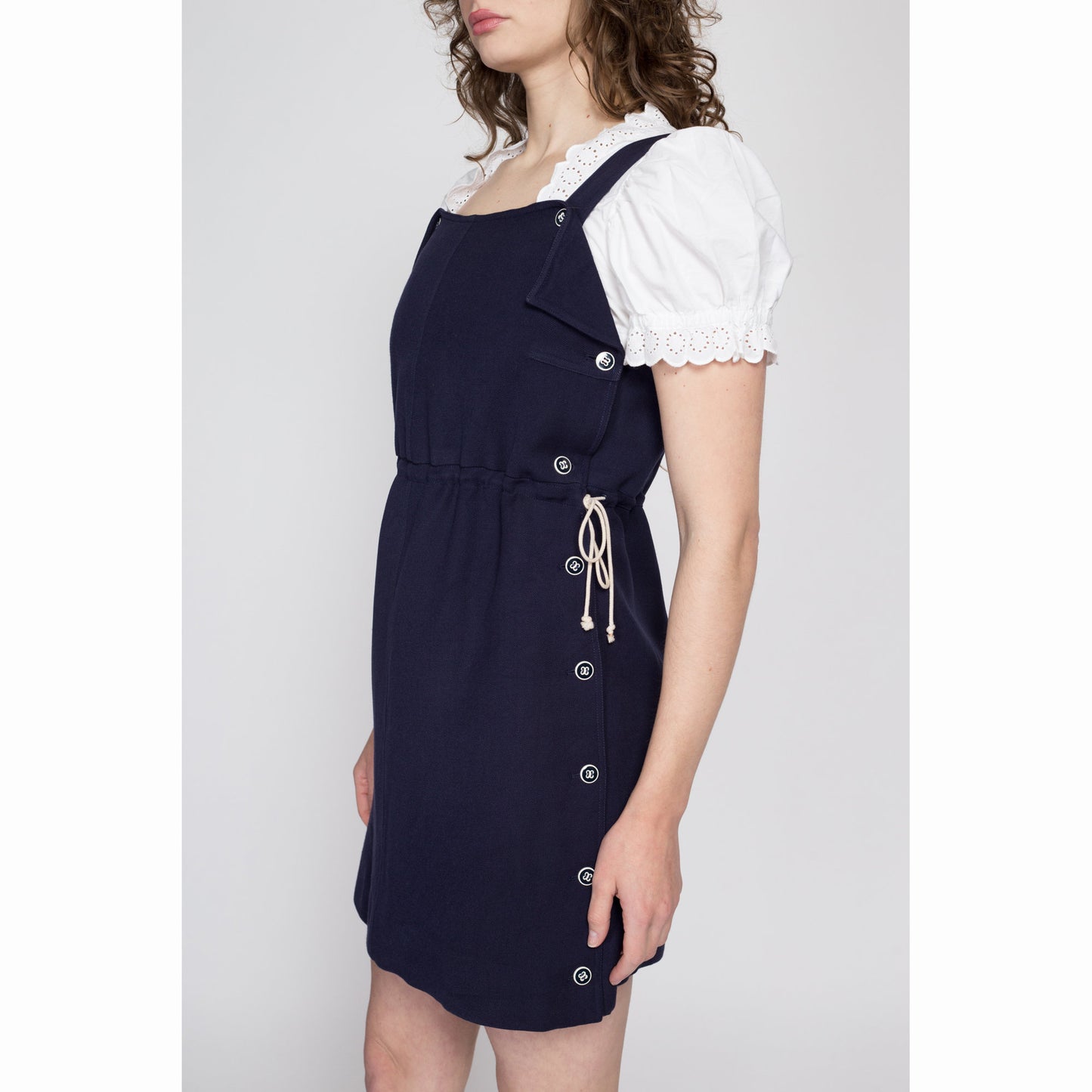 Medium 70s Courrèges Navy Blue Mini Jumper Dress | Vintage Designer Wool Nautical Mod Pinafore Dress