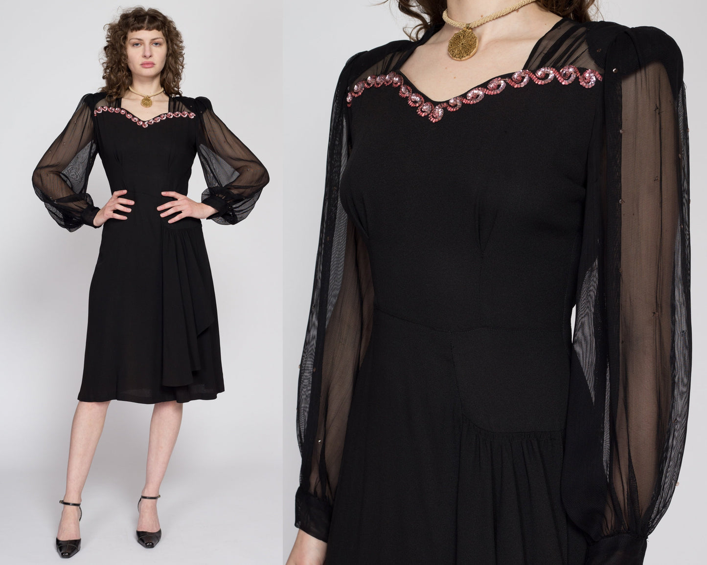 Medium 1940s Black Sheer Sleeve Sequin Midi Dress | Vintage 40s Pink Trim Peplum Midi Party Dress