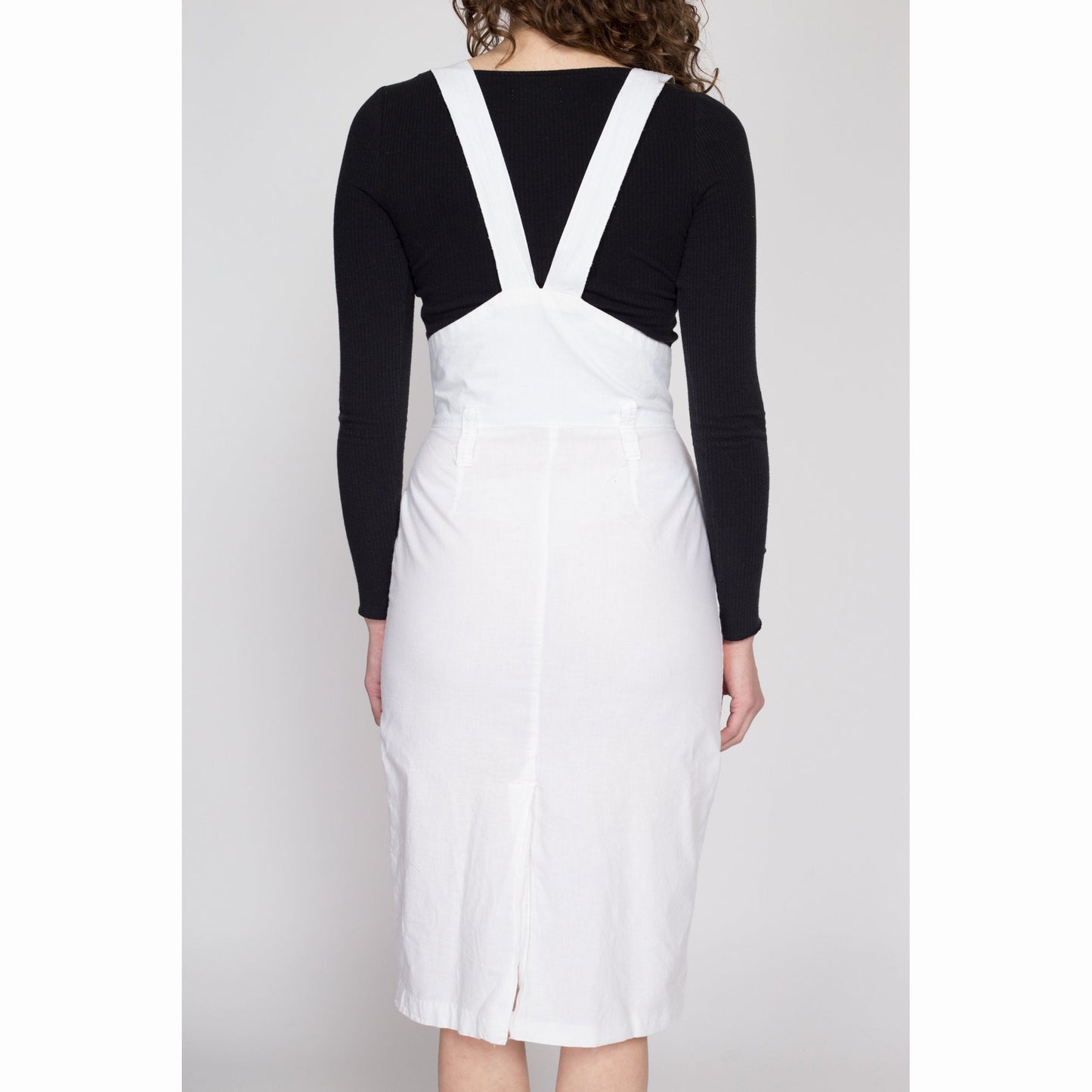 Small 80s White Pinafore Suspender Dress | Vintage Cotton Button Up Fitted Midi Dress
