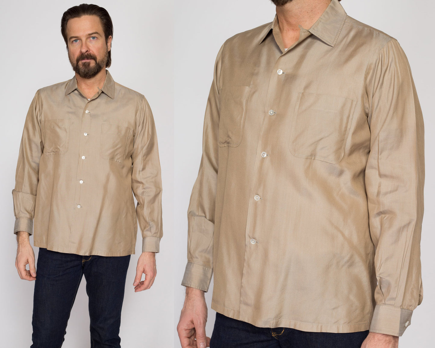 Medium 60s 70s Taupe Silk Loop Collar Shirt | Vintage Button Up Long Sleeve Top
