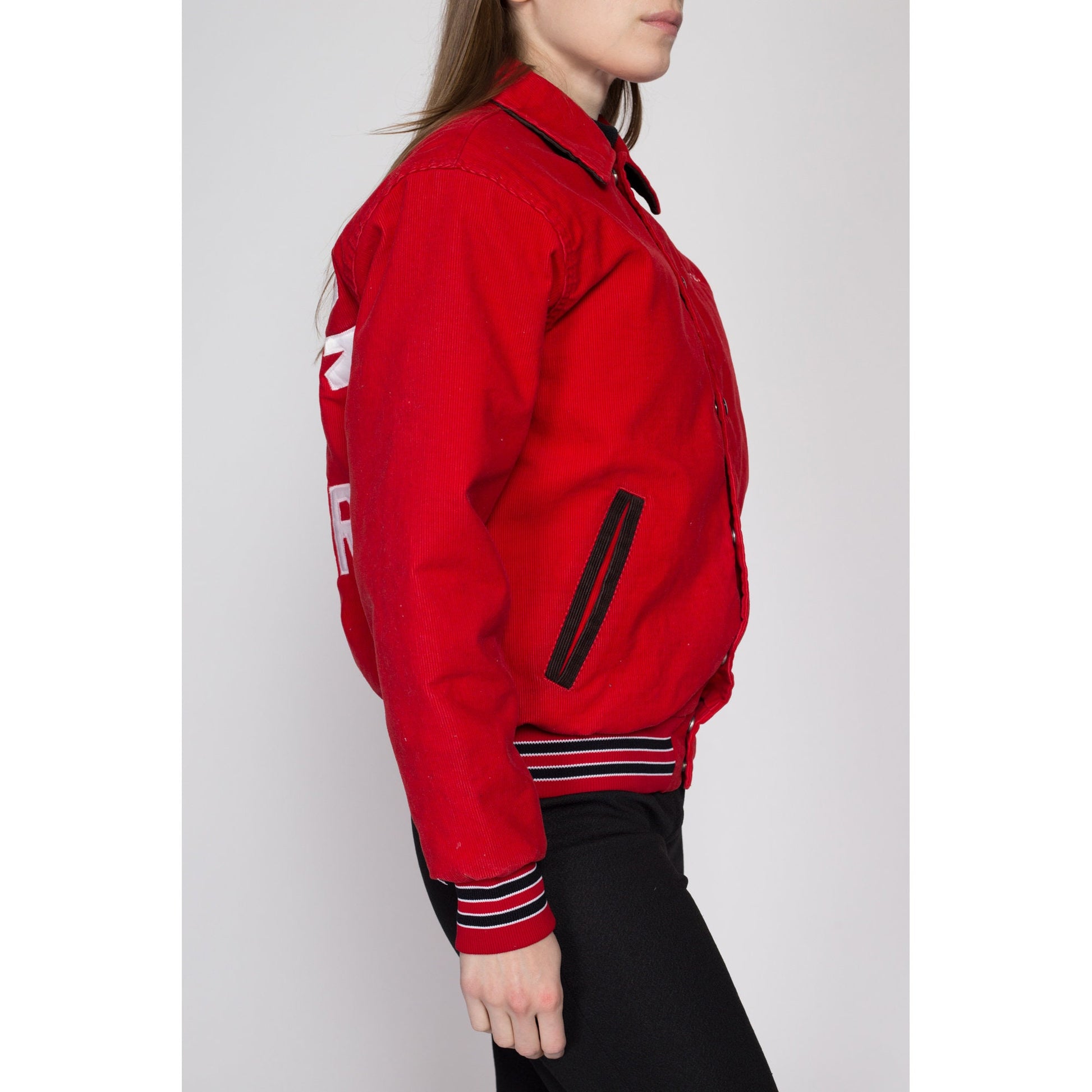 Small 80s Red Corduroy Soccer Team Varsity Jacket | Vintage Striped Trim Snap Button Athletic Bomber