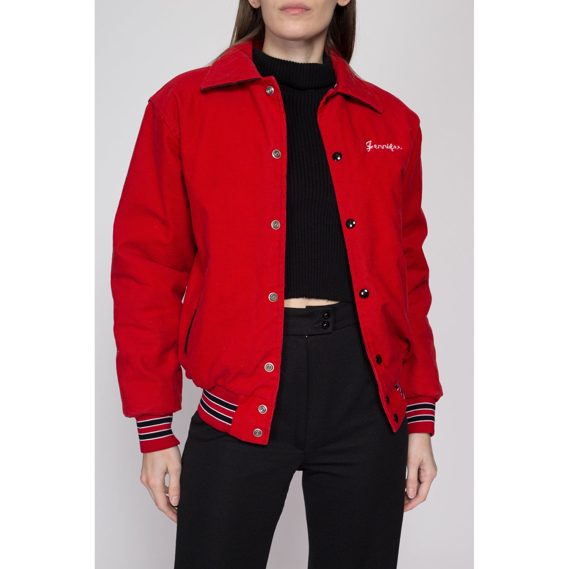 Small 80s Red Corduroy Soccer Team Varsity Jacket | Vintage Striped Trim Snap Button Athletic Bomber