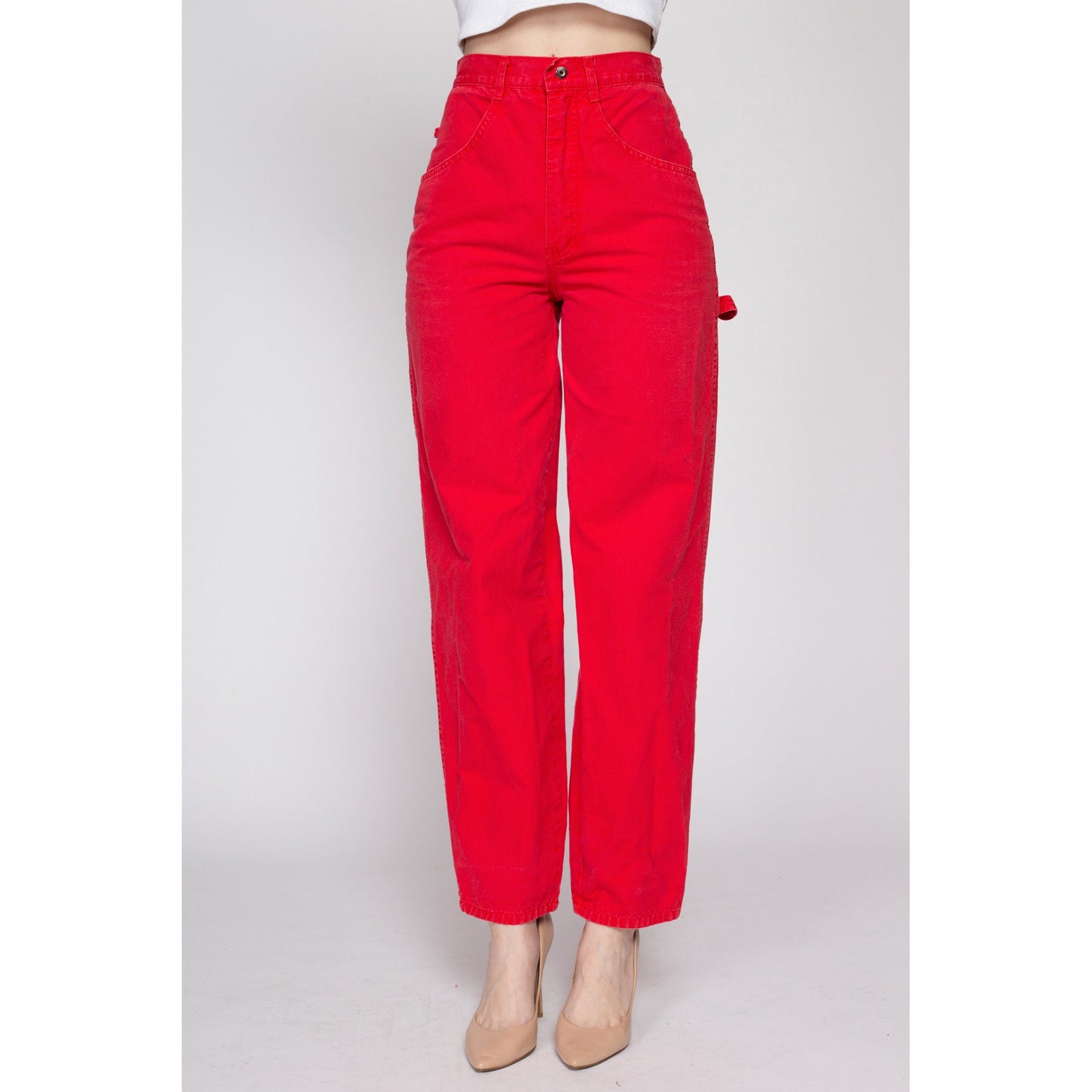 XS 80s Red Cotton Carpenter Pants 25" | Vintage High Waisted Tapered Leg Retro Trousers