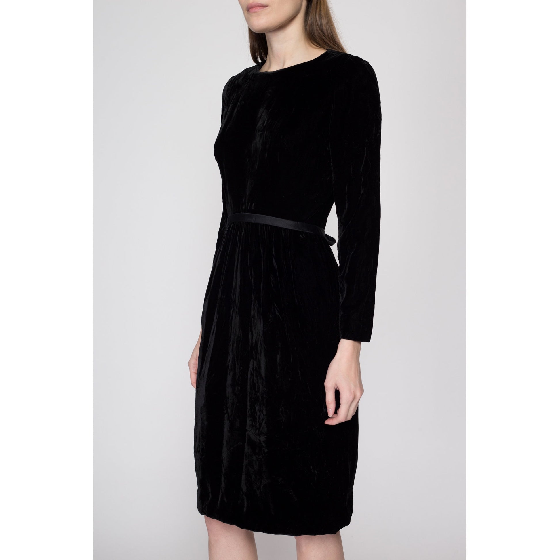 XS 1950s Suzy Perette Black Velvet Long Sleeve Cocktail Dress | Vintage Satin Trim Knee Length Formal Pocket Dress