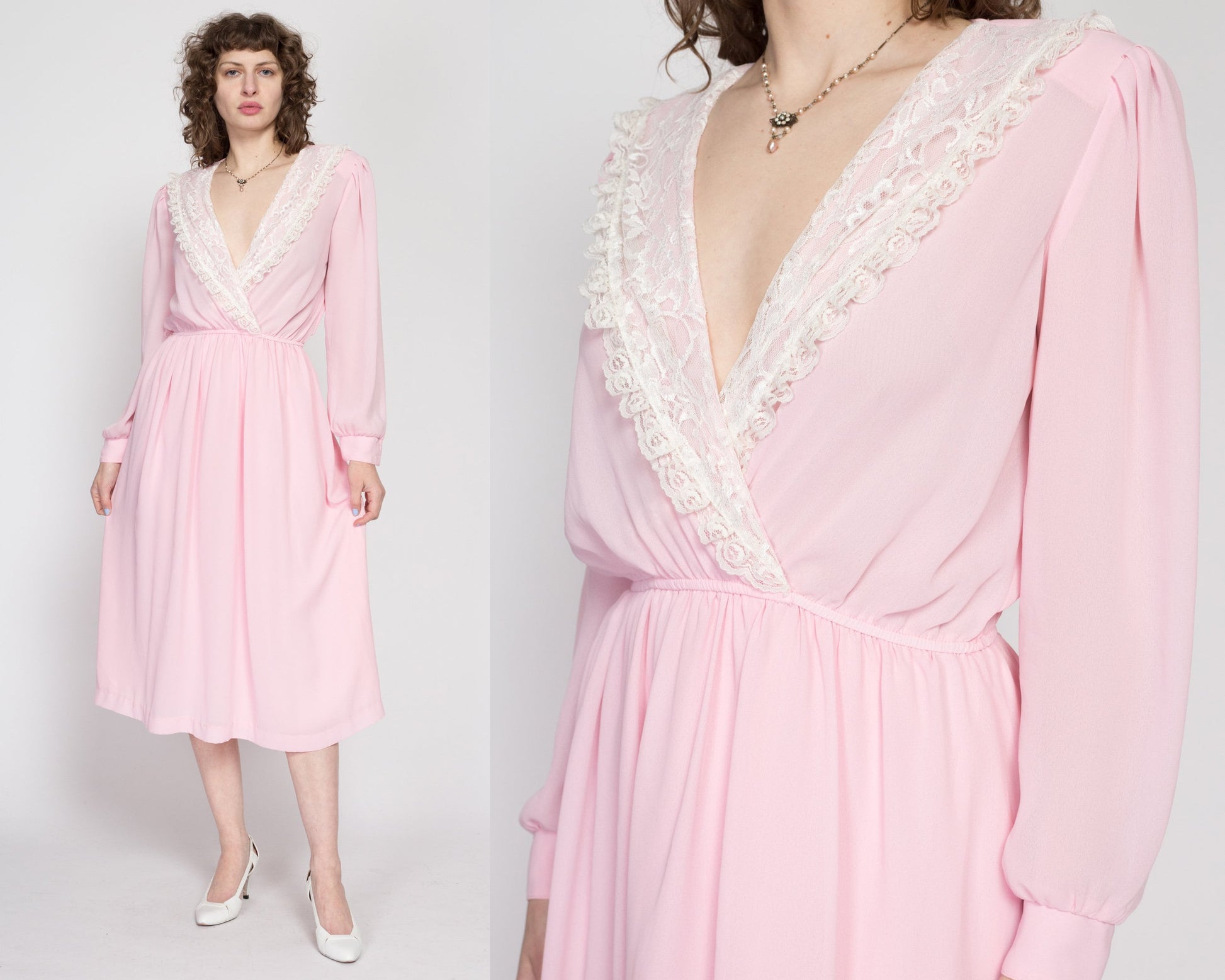 Vintage 70s 80s Pink Dotted Sheer Floor Length Dress