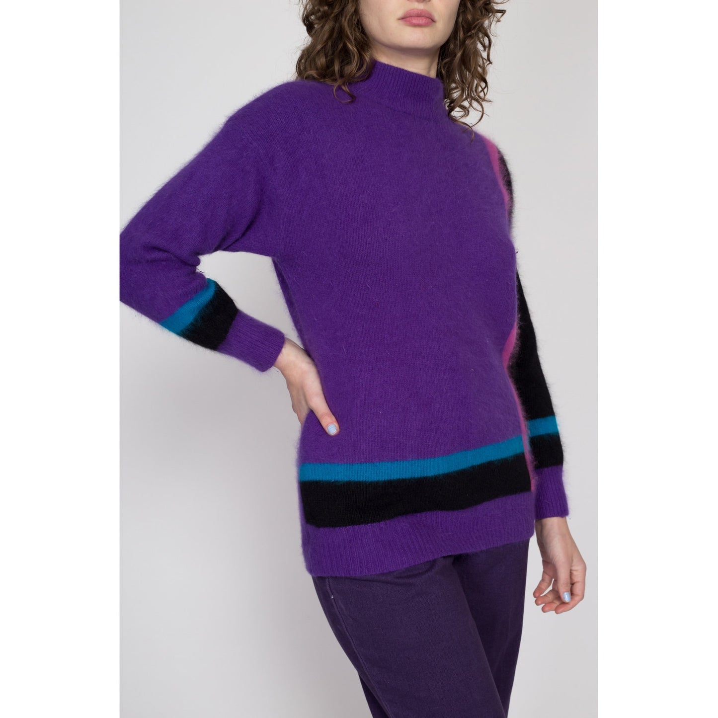 Medium 80s Purple Angora Color Block Sweater | Vintage Knit Funnel Neck Pullover Jumper