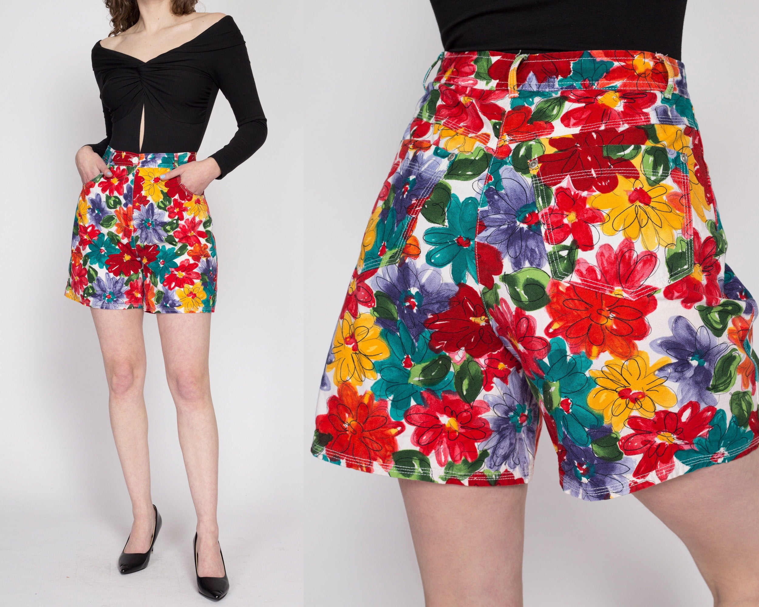 Medium 90s Colorful Floral High Waisted Shorts 29 Flying Apple Vintage