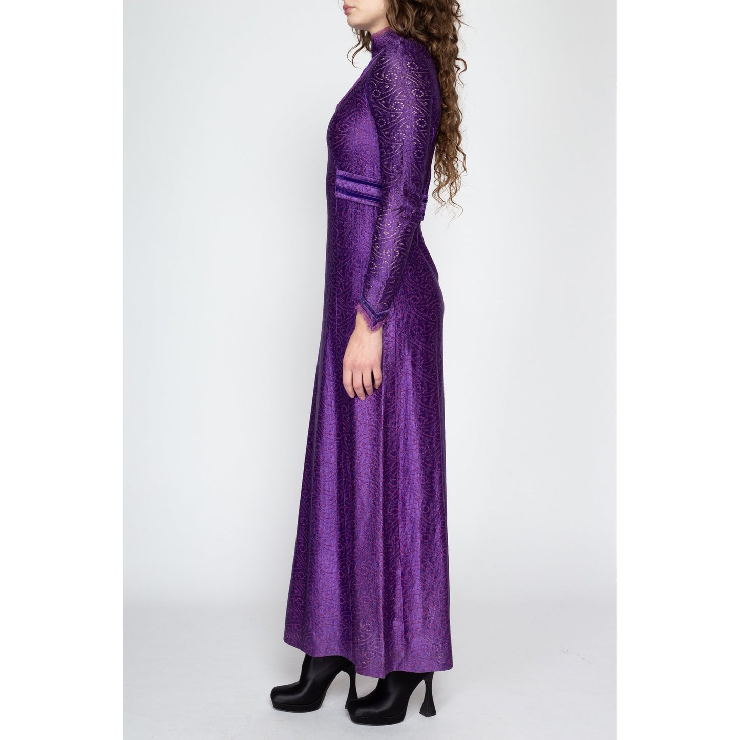 Small 70s Young Innocent Arpeja Boho Purple Eyelet Maxi Dress | Vintage Bohemian Renaissance Long Sleeve High Neck Satin Victorian Gown