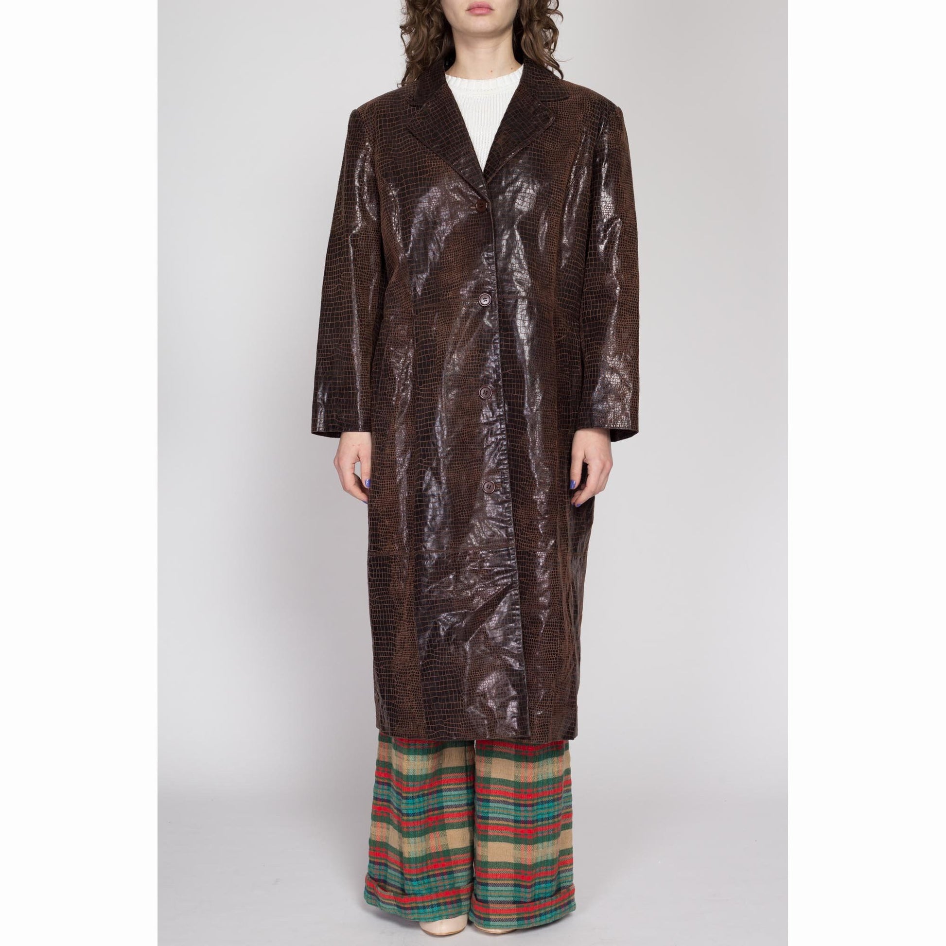 XL 90s Brown Snakeskin Embossed Leather Trench Coat | Vintage Oversize Button Up Long Maxi Duster Jacket