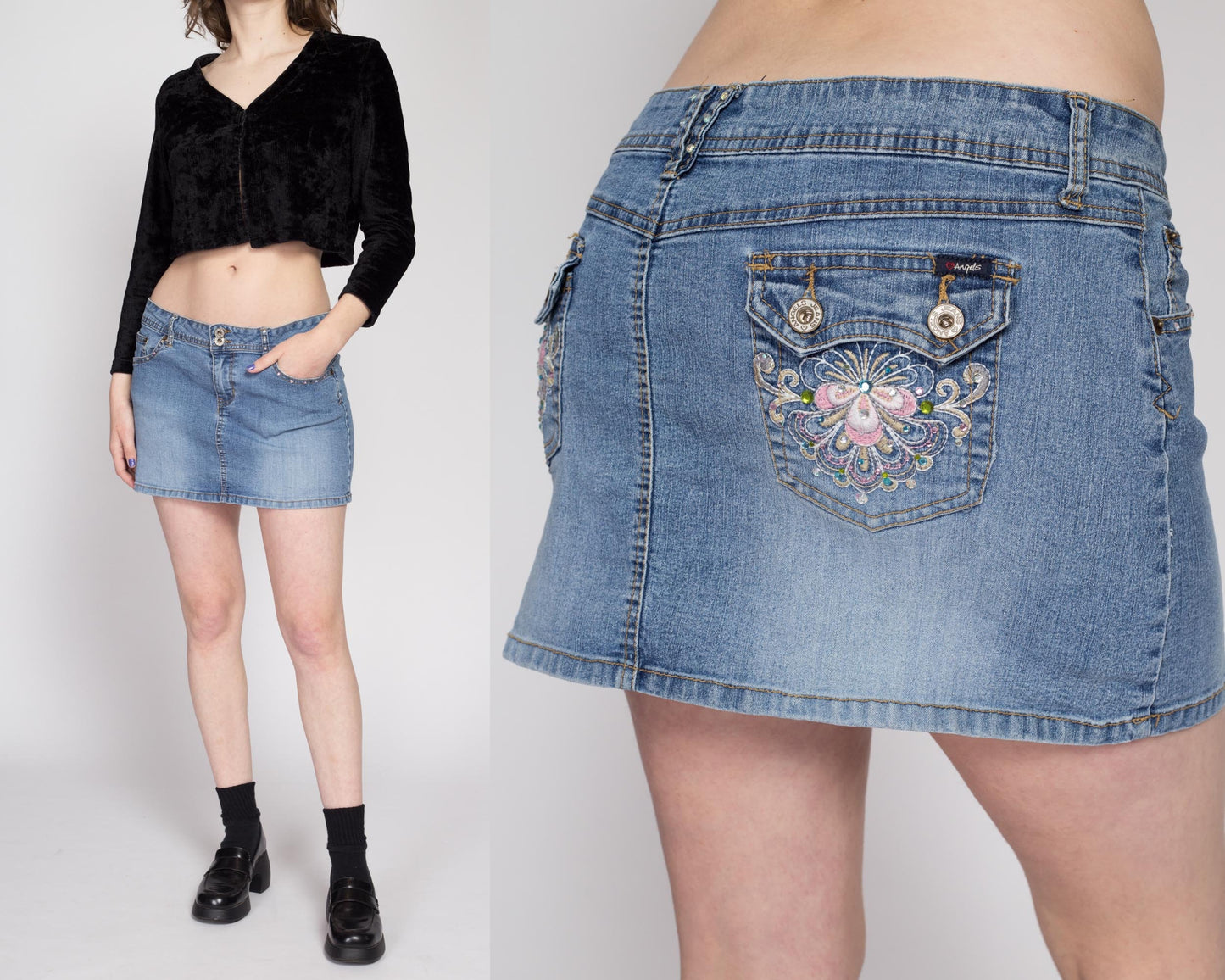 Medium 90s Y2K Bejeweled Denim Mini Skirt | Vintage Low Waist Embroidered Pocket Jean Skirt