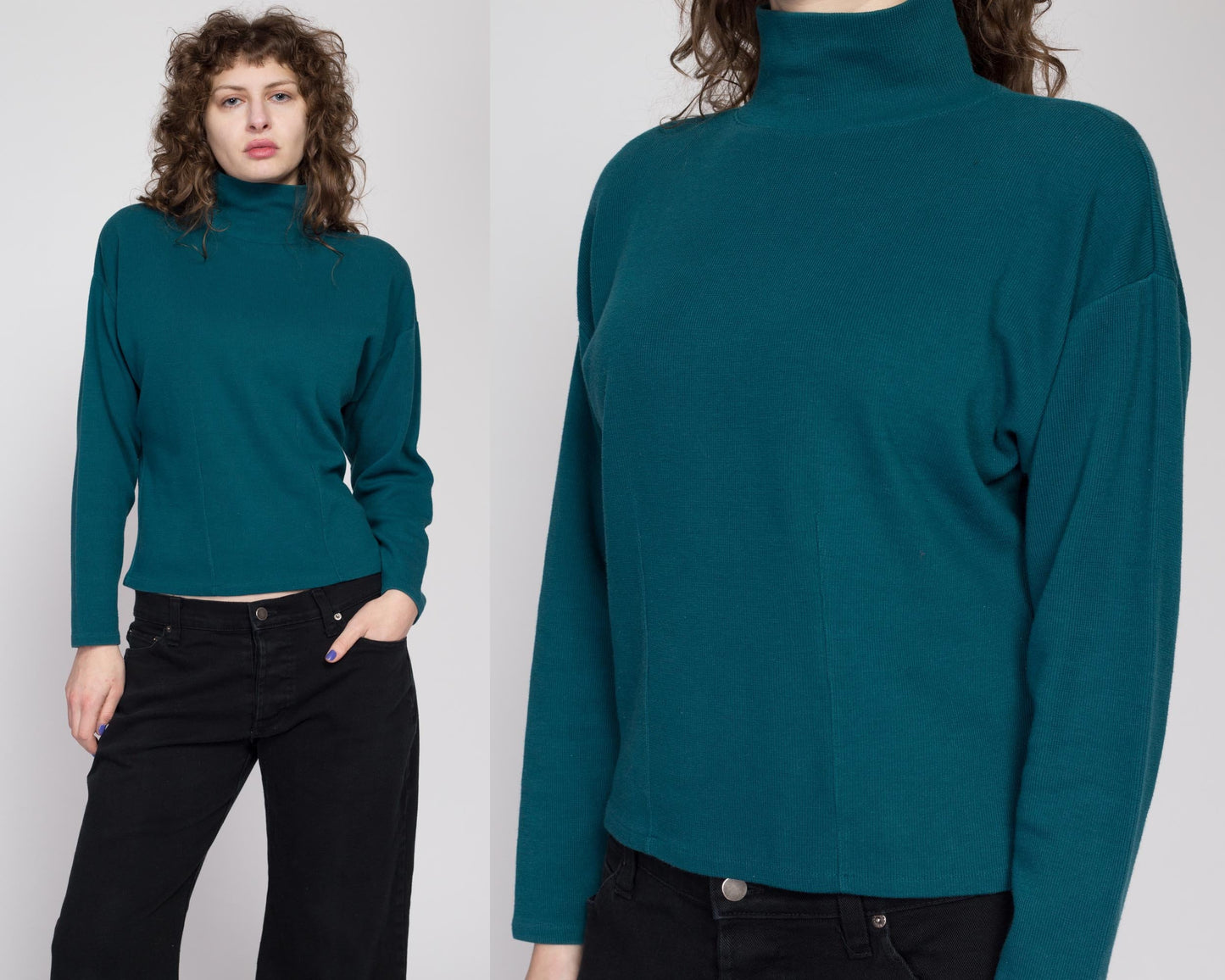 Large 90s Express Dark Teal Mockneck Top | Vintage Long Sleeve Minimalist Lightweight Sweater