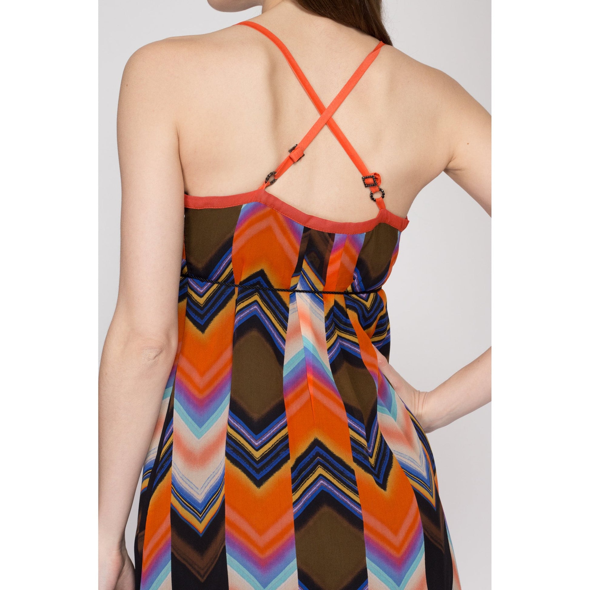 XS Y2K Guess Silk Chevron Mini Party Dress | Vintage Strappy Cross Back Striped Print A Line Dress