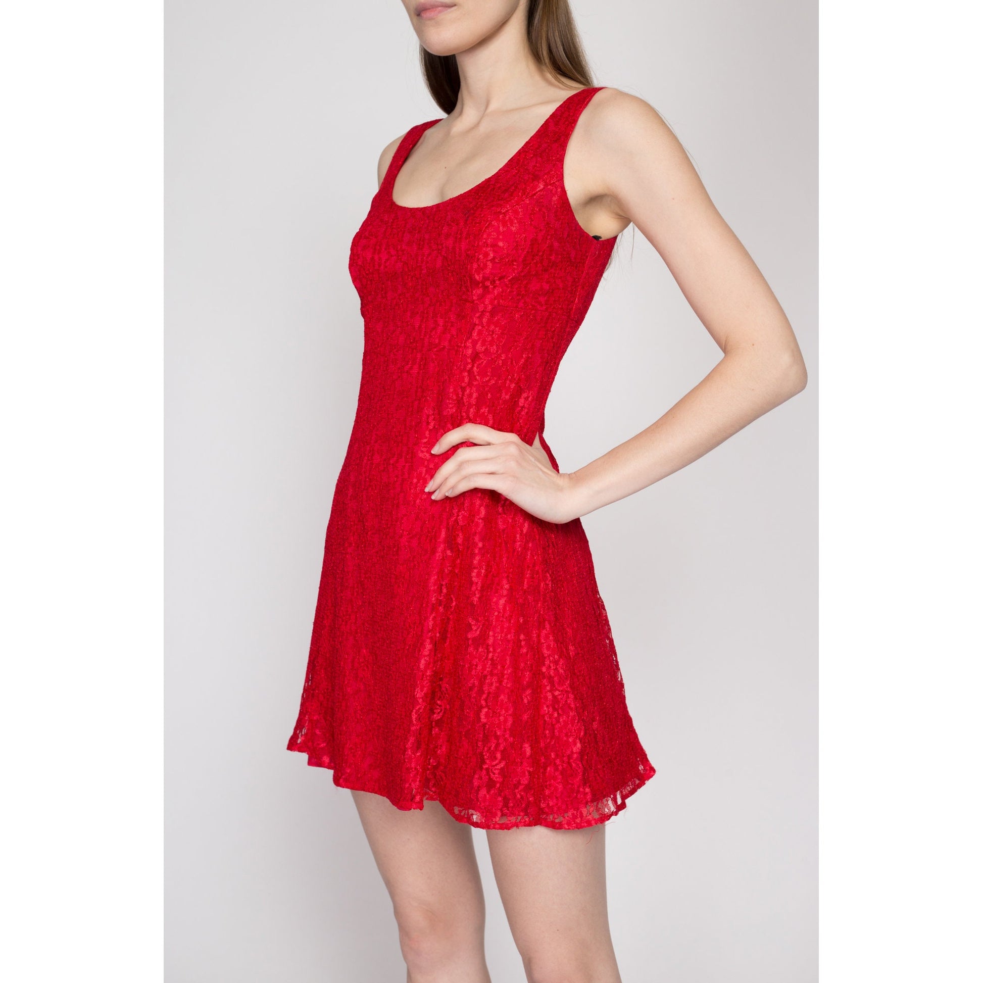 Small 90s Red Lace Mini Party Dress | Vintage Roberta Fit & Flare Sleeveless Scoop Neck Skater Dress