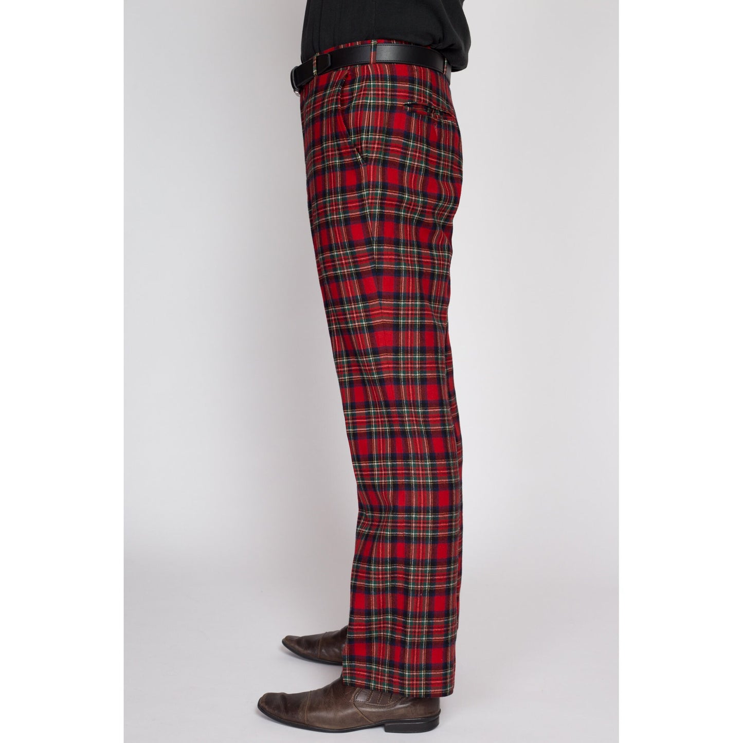 33" Waist 70s Red Plaid Wool Trousers | Retro Vintage Men's High Waisted Bootcut Pants