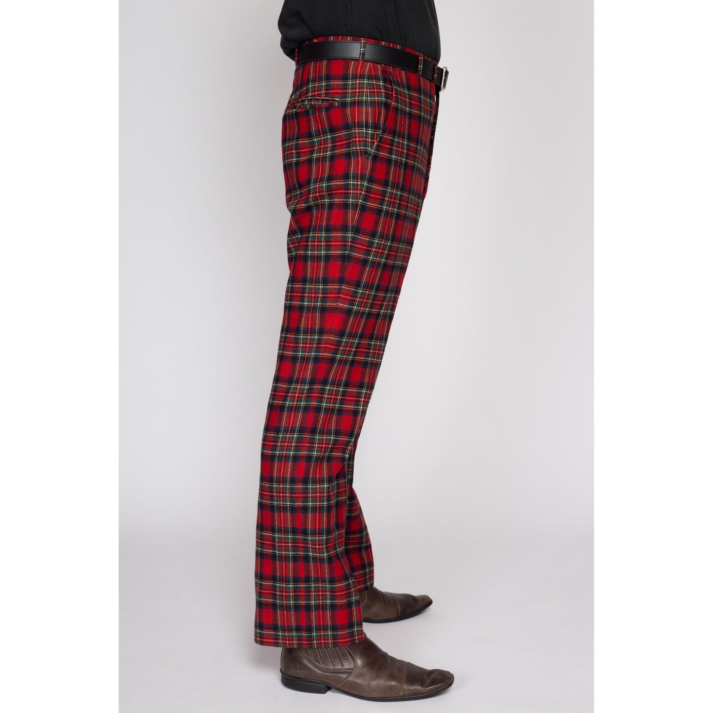 33" Waist 70s Red Plaid Wool Trousers | Retro Vintage Men's High Waisted Bootcut Pants