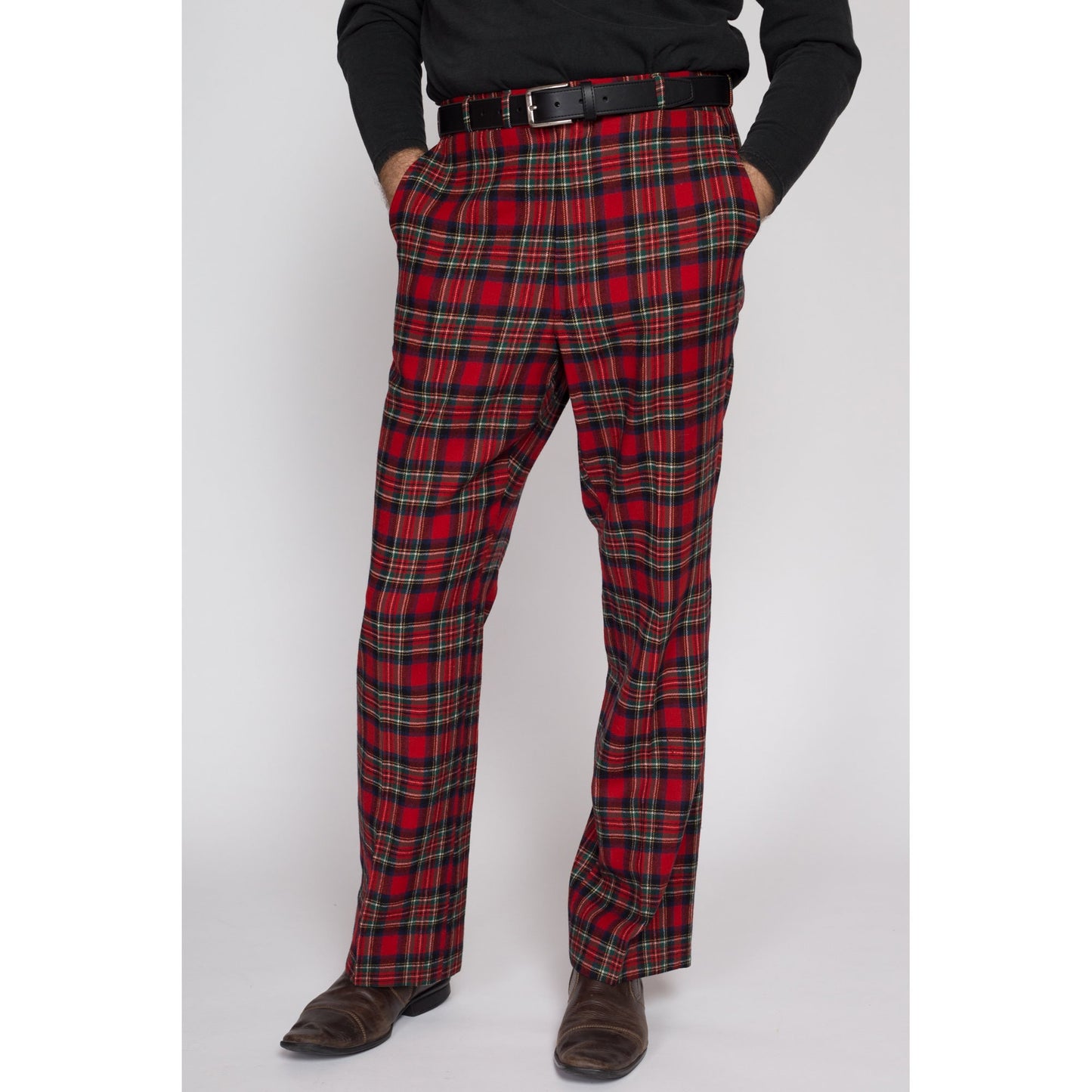 33" Waist 70s Red Plaid Wool Trousers | Retro Vintage Men's High Waisted Bootcut Pants