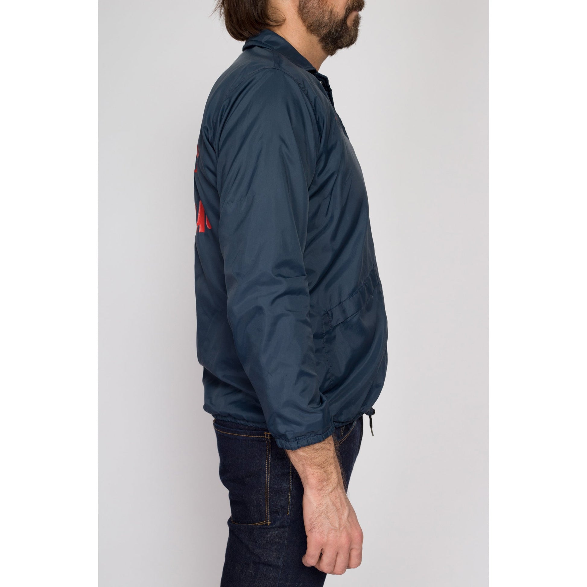 Small 70s Cupertino American Little League Windbreaker | Vintage Navy Blue Snap Up Cropped Jacket