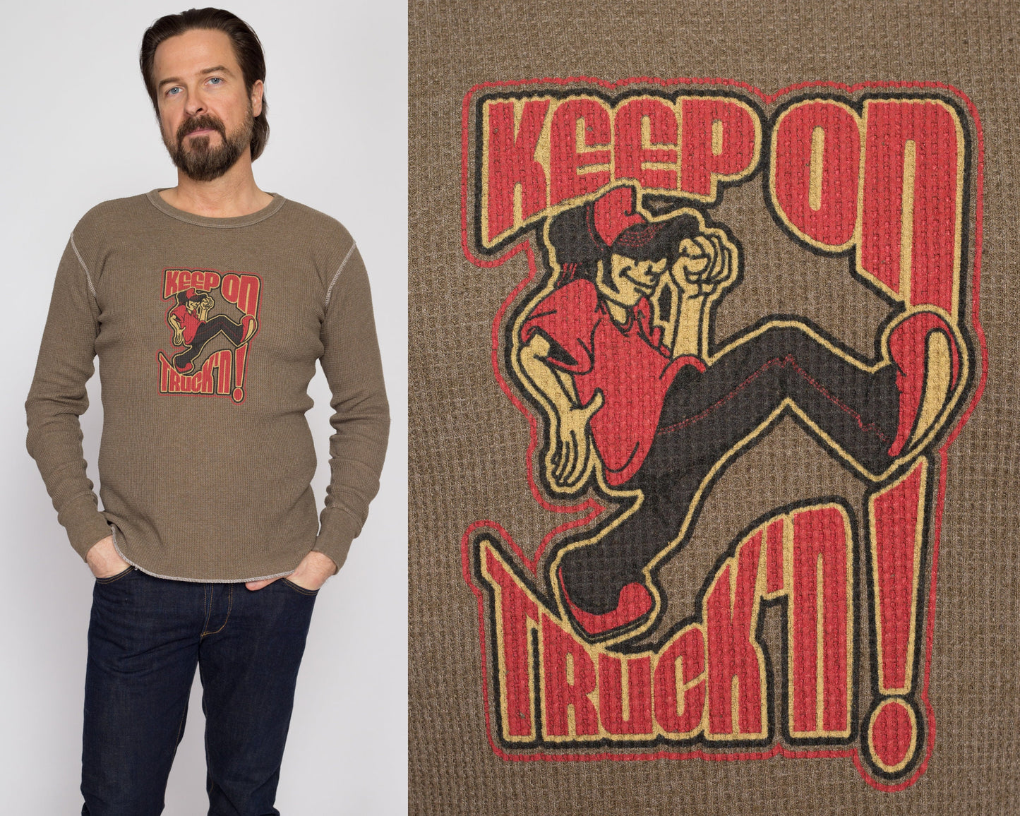 Medium 90s "Keep On Truck'n" Brown Waffle Knit Shirt | Vintage Plain Long Sleeve Thermal Grunge Top