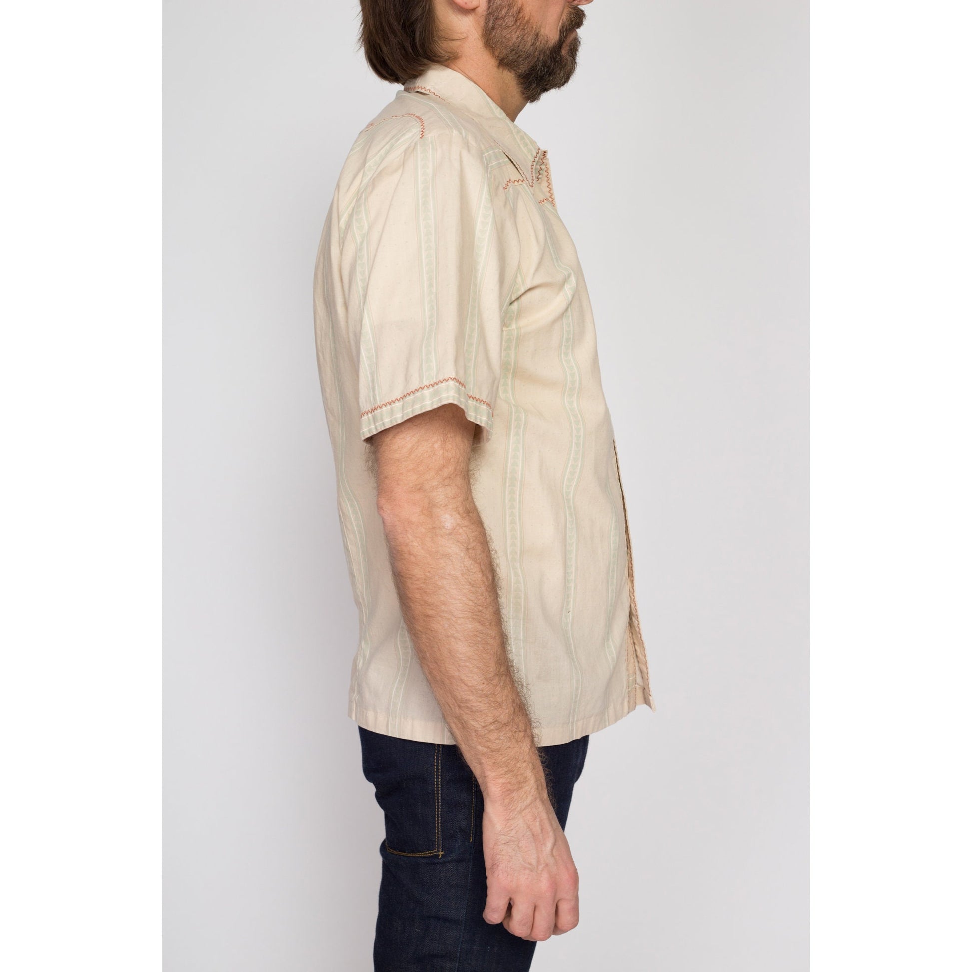 Large 70s Southwestern Striped Pearl Snap Western Shirt | Vintage Beige Short Sleeve Rockabilly Collared Top