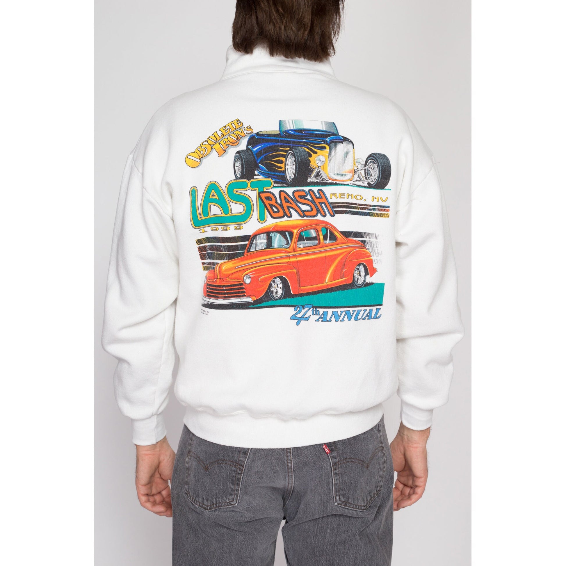 Medium 90s Obsolete Iron Classic Car Club Sweatshirt | Vintage Last Bash Reno White Graphic Quarter Zip Pullover