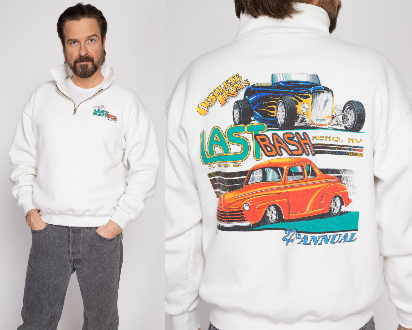 Medium 90s Obsolete Iron Classic Car Club Sweatshirt | Vintage Last Bash Reno White Graphic Quarter Zip Pullover