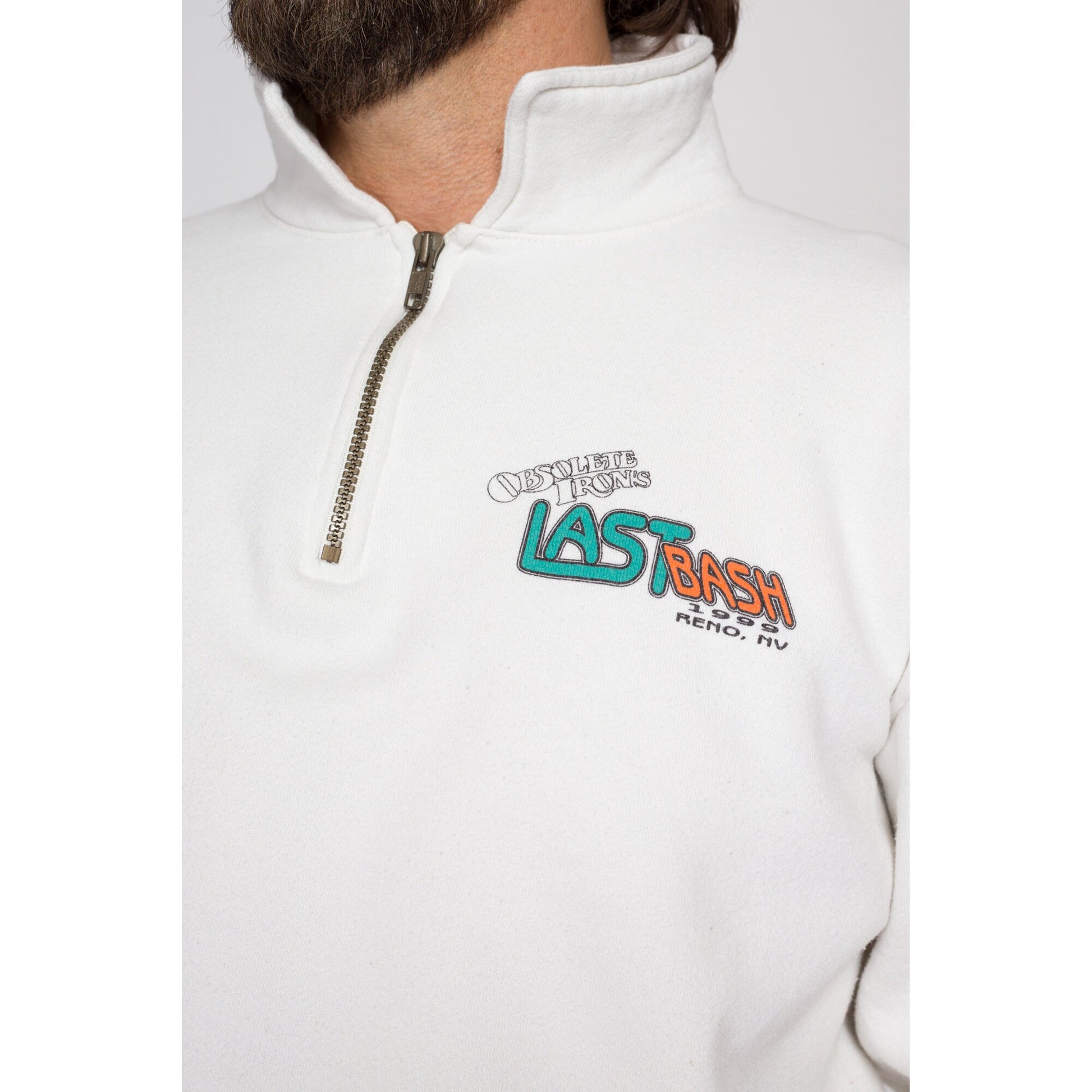 Medium 90s Obsolete Iron Classic Car Club Sweatshirt | Vintage Last Bash Reno White Graphic Quarter Zip Pullover