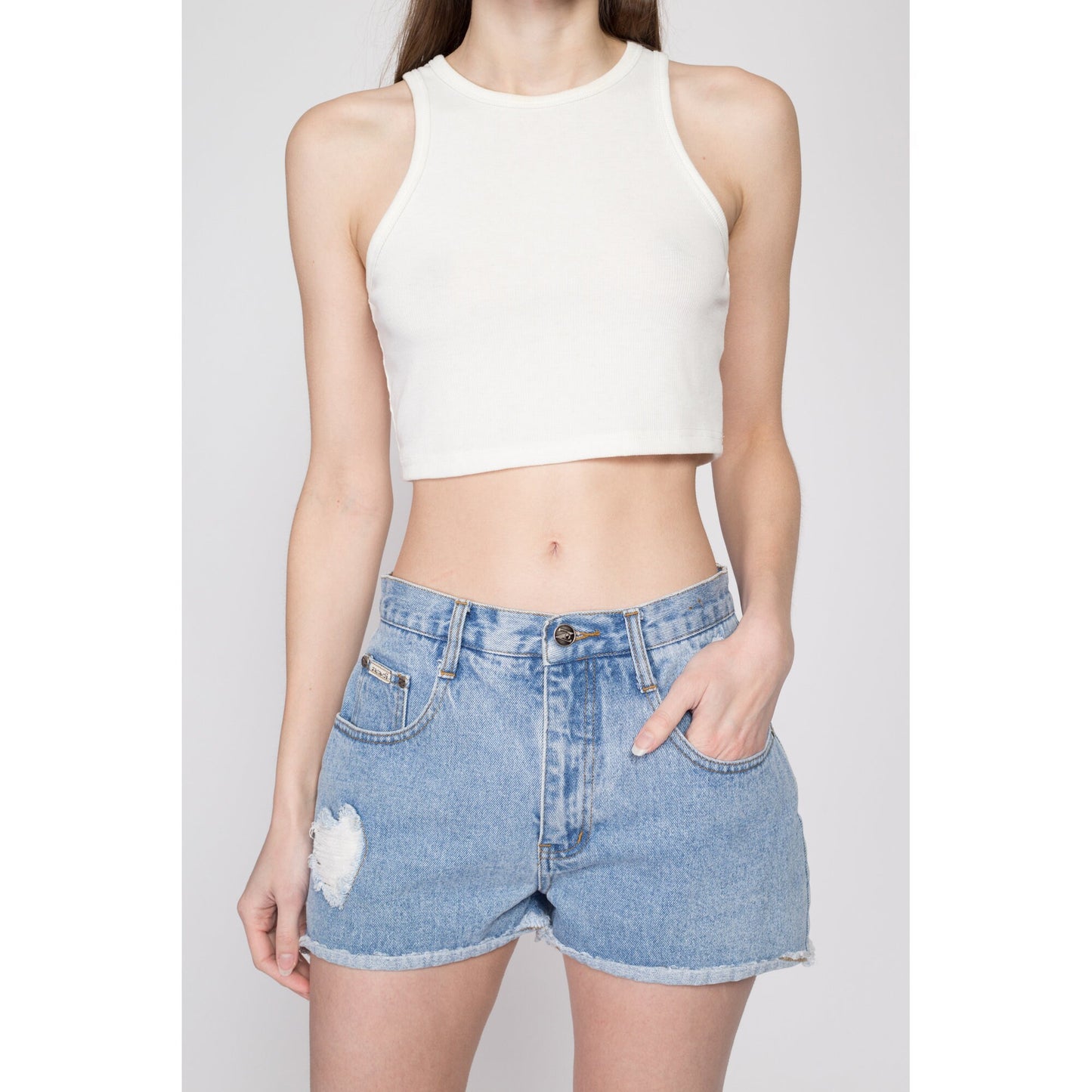 Sm-Med 90s Frayed Heart Jean Shorts | Vintage Cutoff Light Wash Denim Curvy Shorts