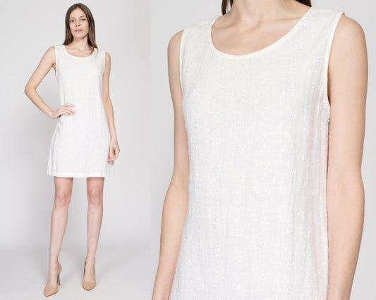 Medium 90s White Floral Linen Mini Dress | Vintage Boho Grunge Sleeveless Pinafore Dress