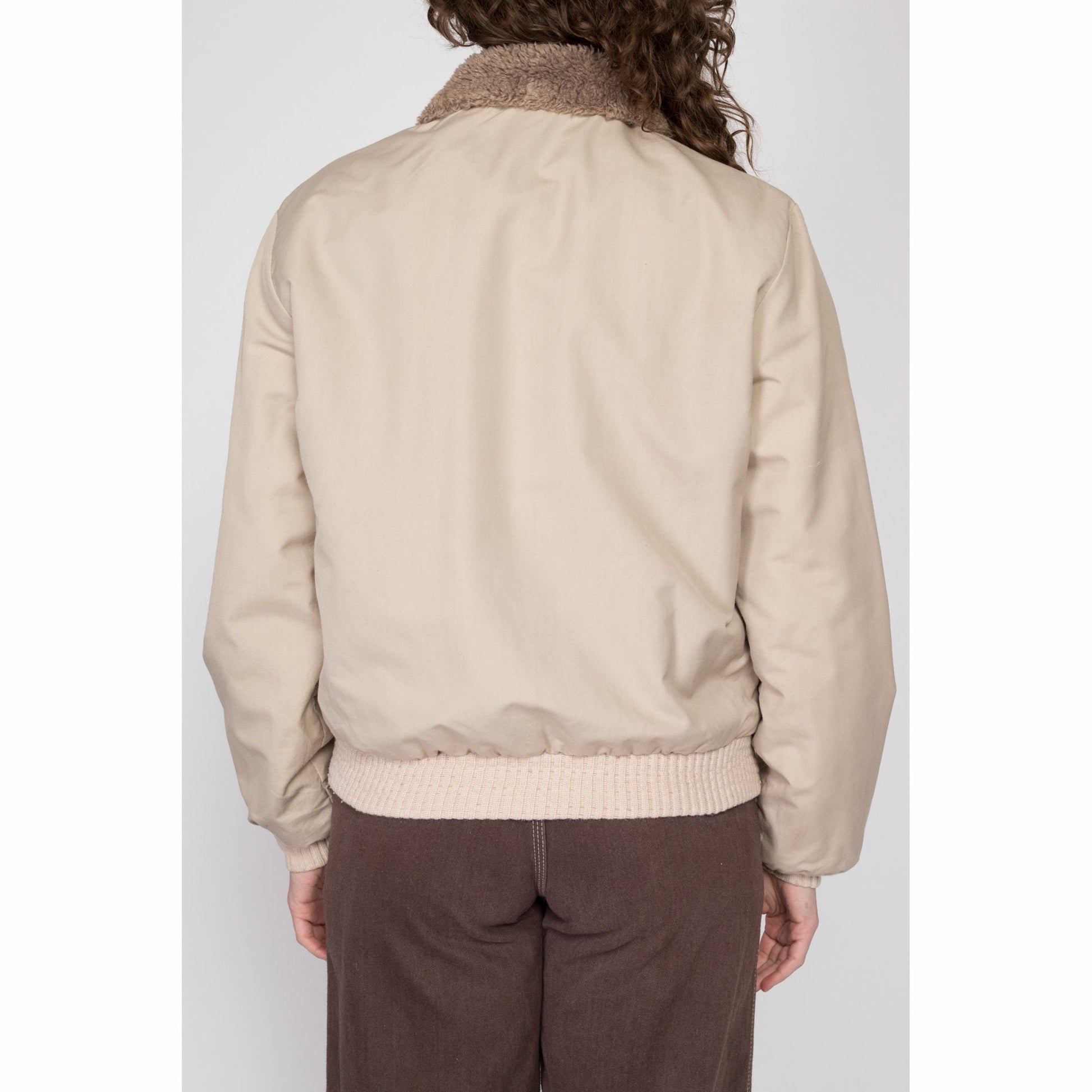 Large 70s Khaki Faux Fur Lined Bomber Coat | Vintage Plush Collar Warm Winter Ski Jacket